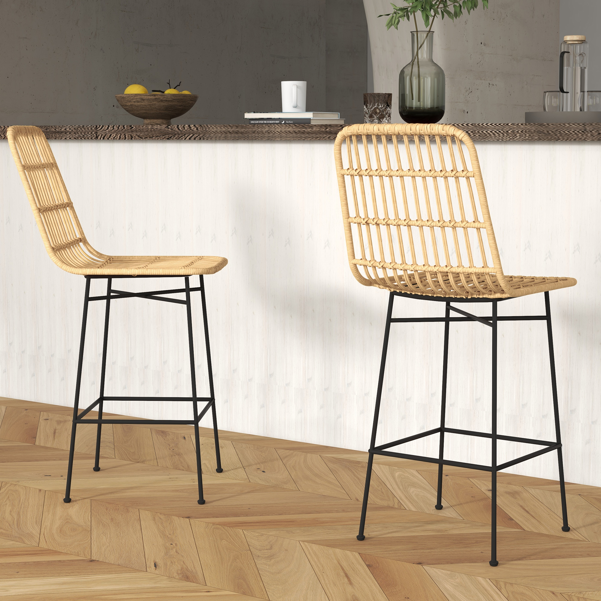 HOMCOM Barkruk Barstoel, Boho-stijl, PE-rattan, 45 x 53,5 x 105 cm, Natuur + Zwart