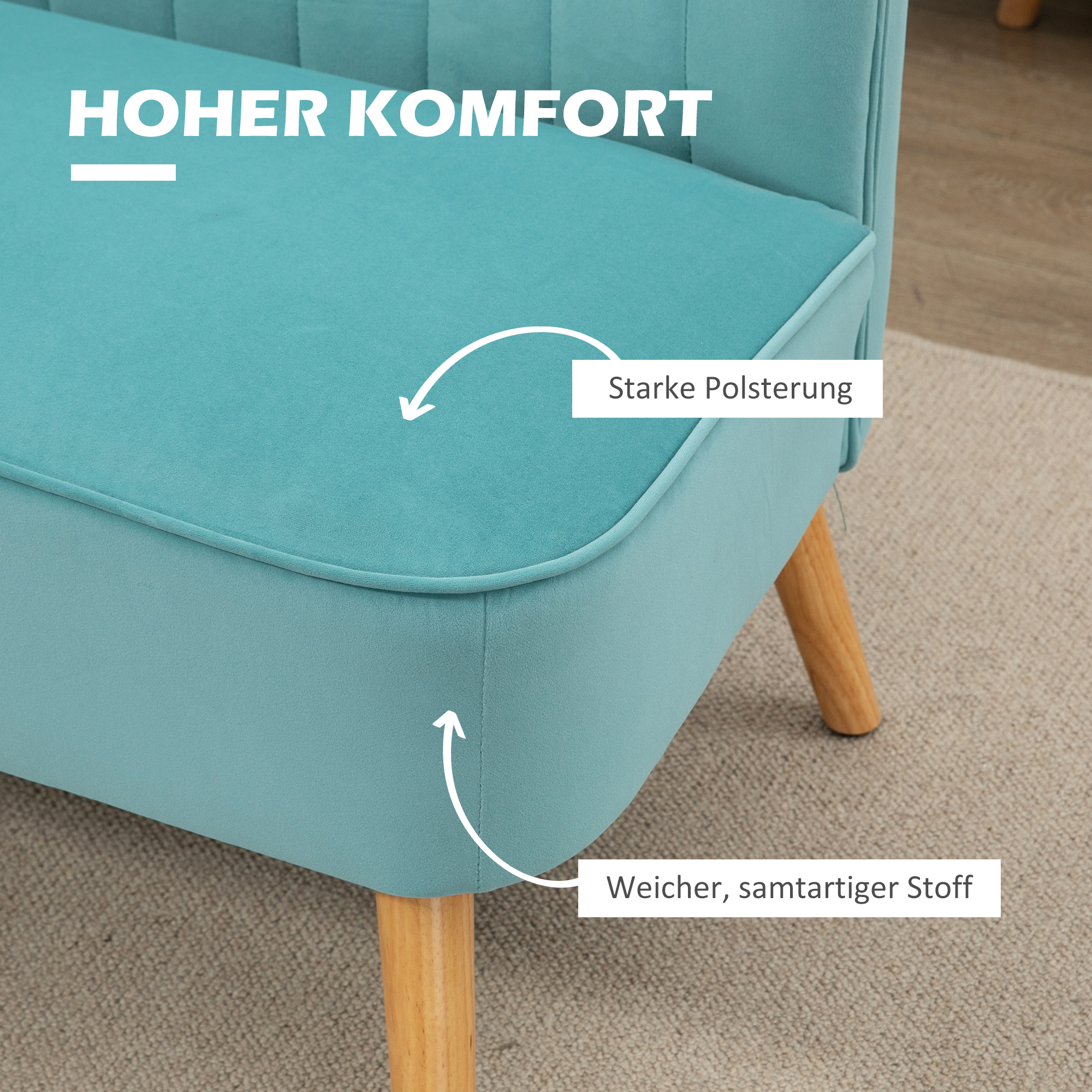 HOMCOM Sofa Retrodesign 2-zitsbank, houten poten, 117 cm x 56,5 cm x 77 cm, Groente