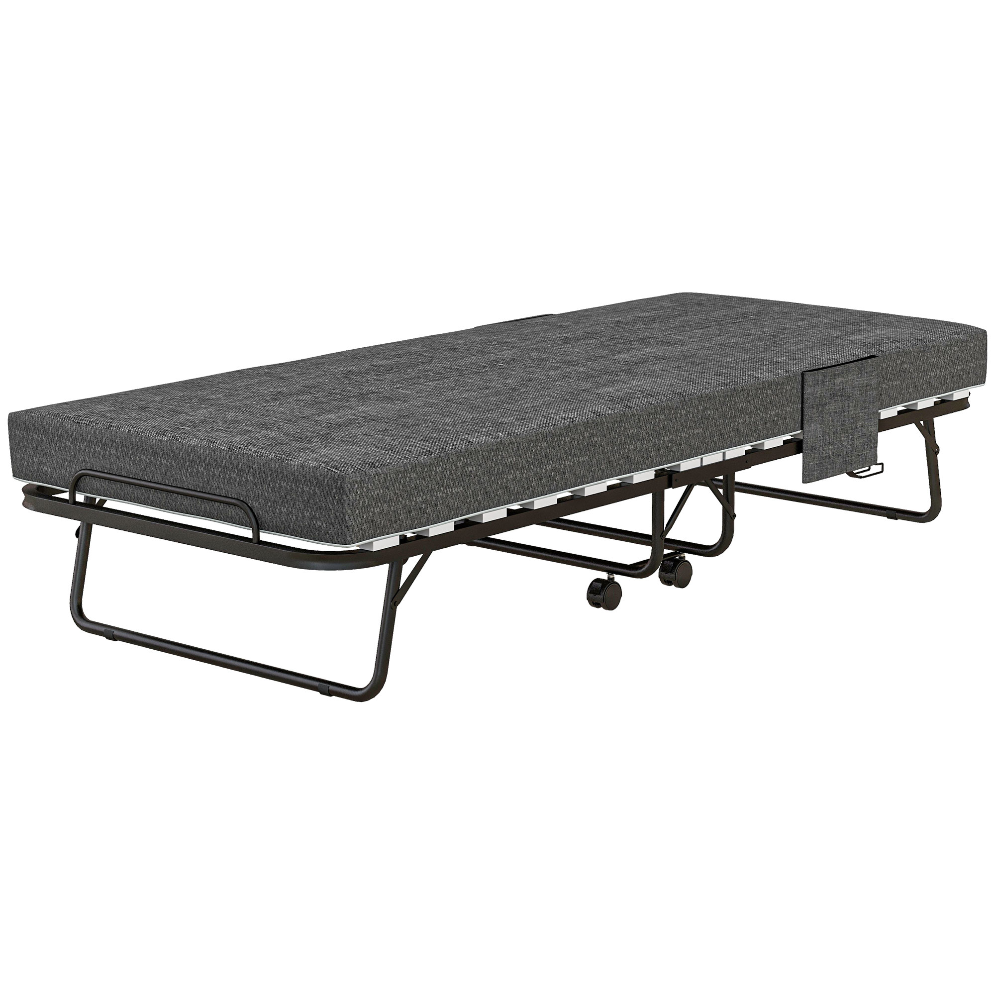 HOMCOM Opklapbed, Matras, 4 Wielen, Metalen Frame, Tot 150 kg, 190 x 80 x 42 cm, Donkergrijs