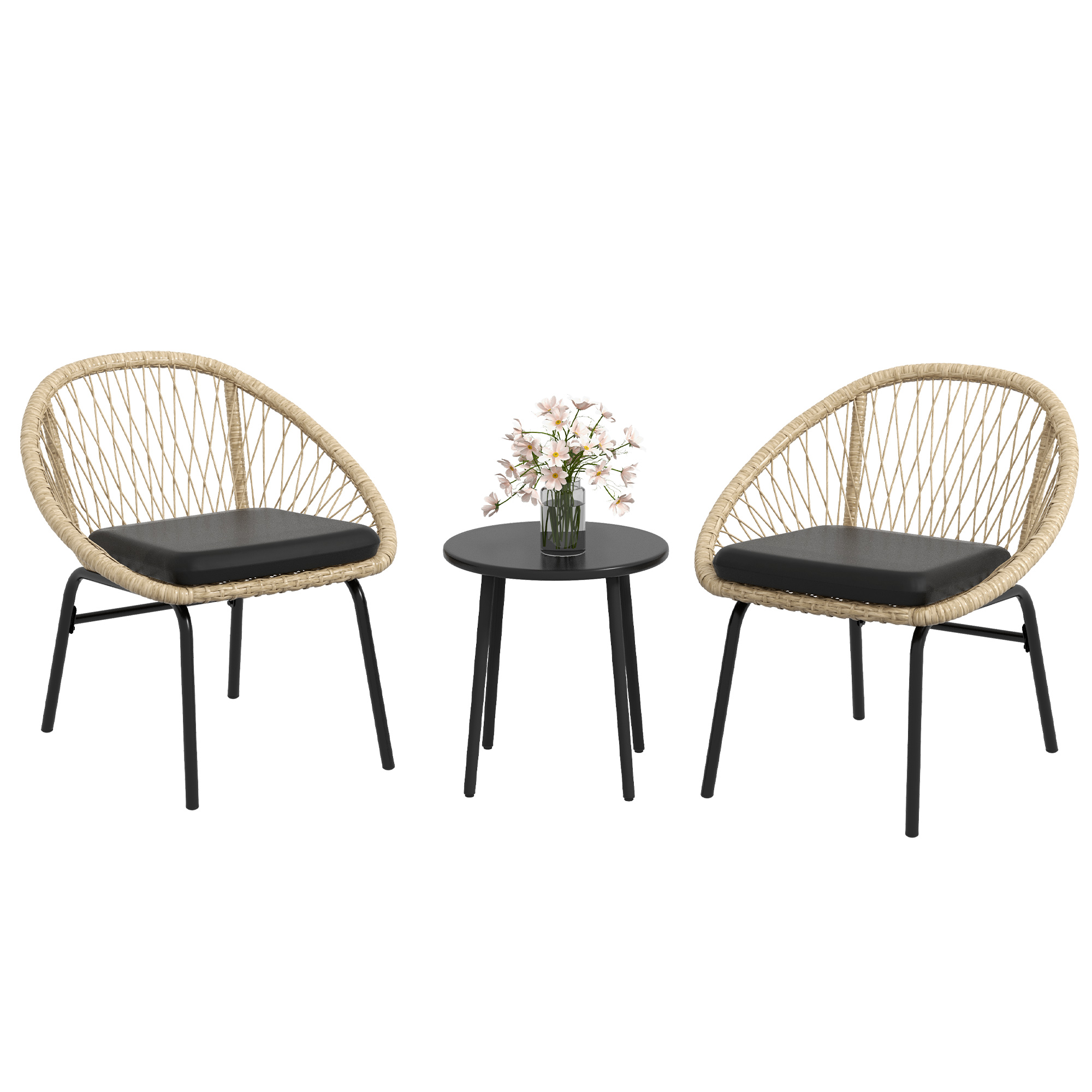 Outsunny Rieten Terrasmeubelset, Tuinmeubelset, 2 Stoelen & Tafel, Geel