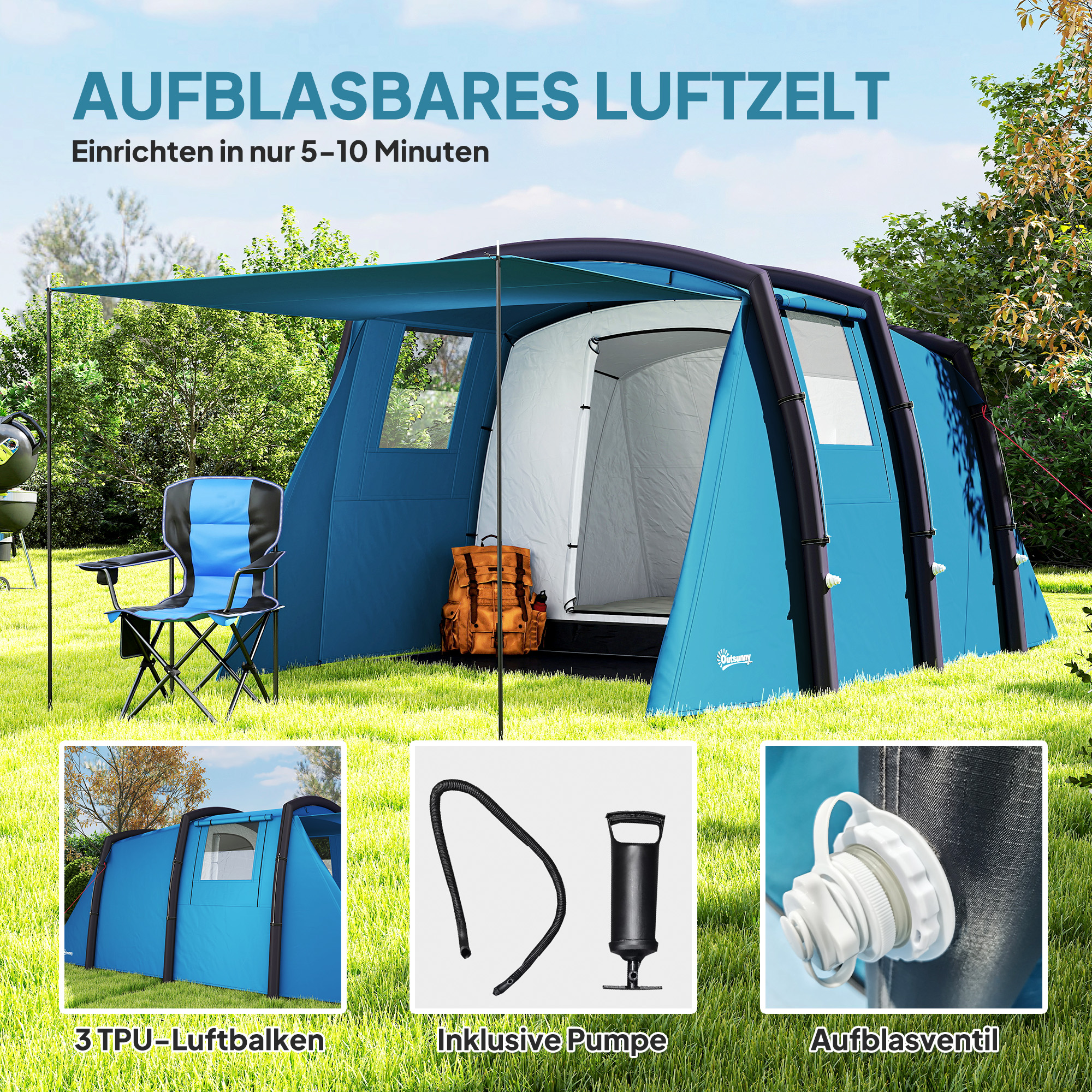 Outsunny Opblaasbare Campingtent 3-6 Personen Outdoor Tunneltent met Zijramen Deur Luchtsteunen 4,4 x 2,8 x 1,95 m Blauw