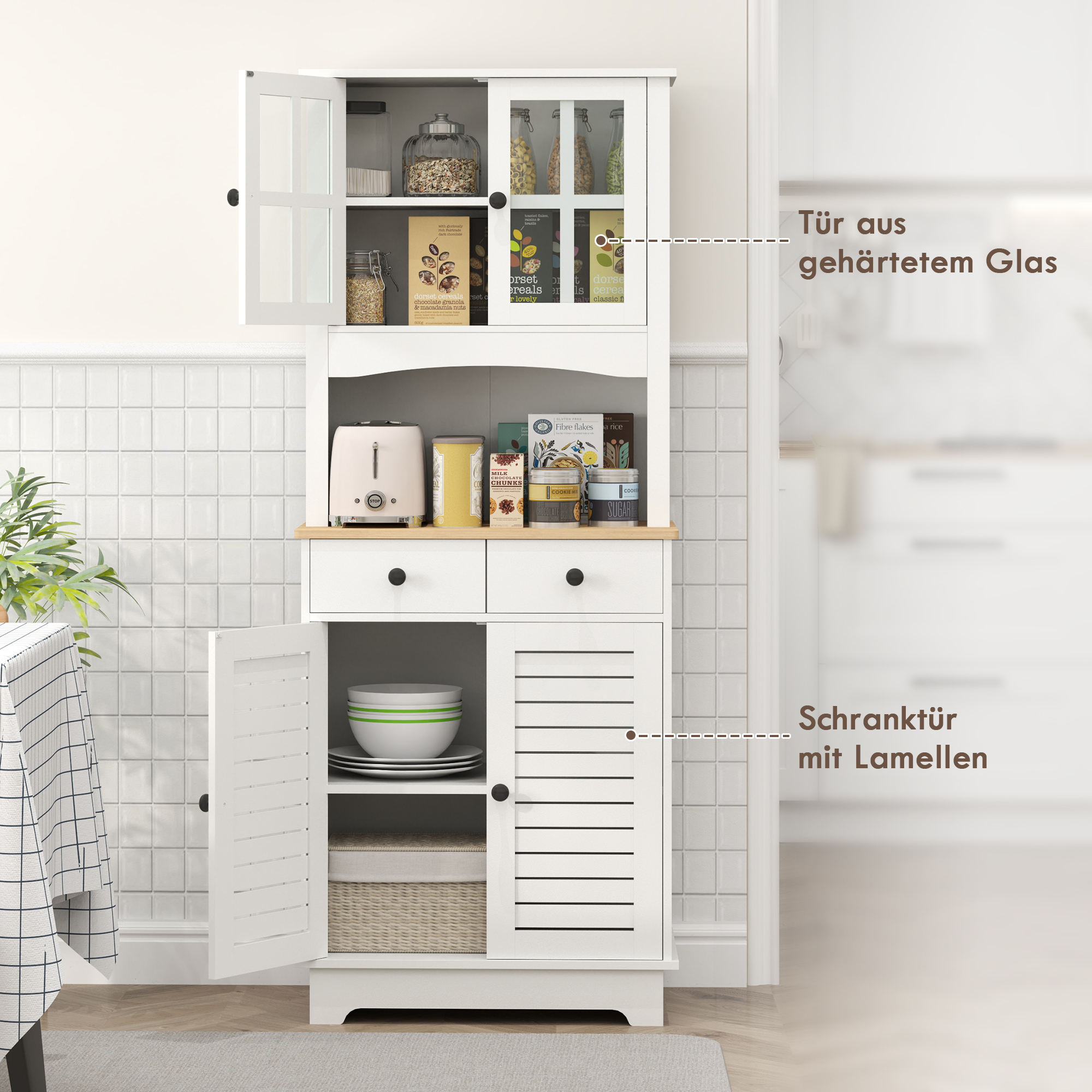 HOMCOM Keukenkast met Glazen Deuren, 2 Laden, Servieskast, Eetkamerschrank, Hout, 68 x 39,5 x 170 cm, Wit