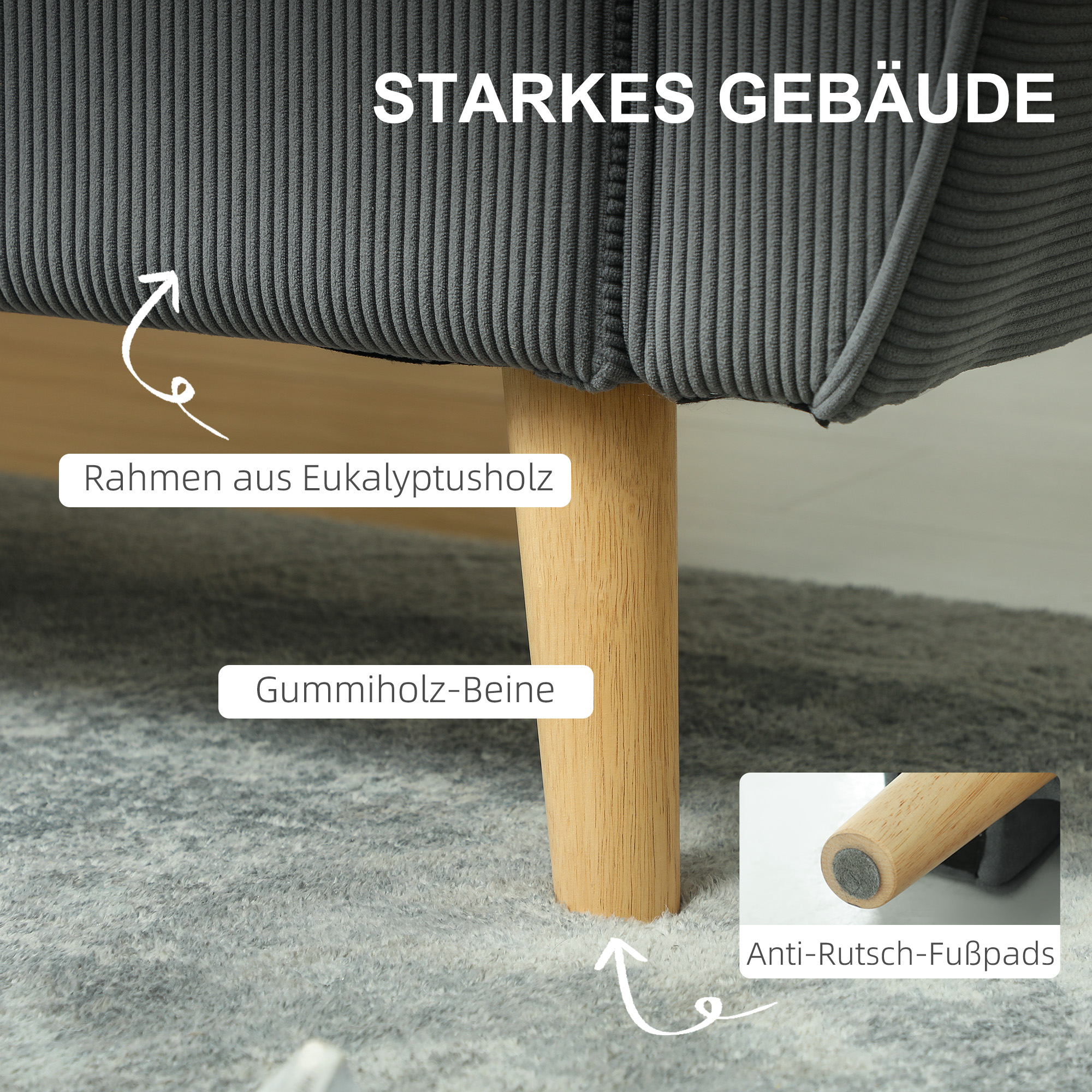 HOMCOM Tweezitsbank, Stoffen Bank, 2 Rugkussens, Corduroy Bekleding, 145 x 75 x 78 cm, Antraciet