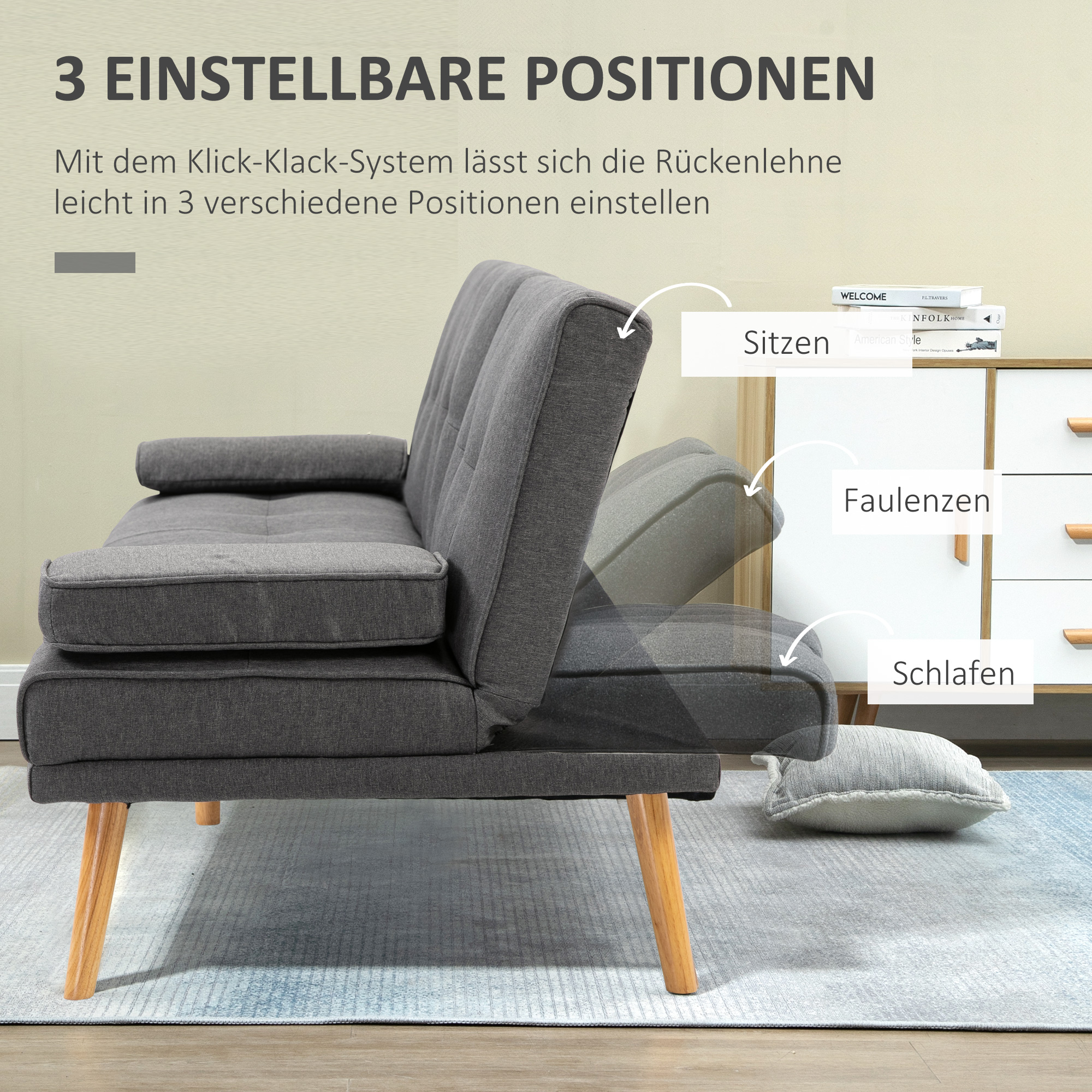 HOMCOM Slaapbank in Scandinavisch design, 3-zitsbank, 2 kussens, Grijs + Natuur