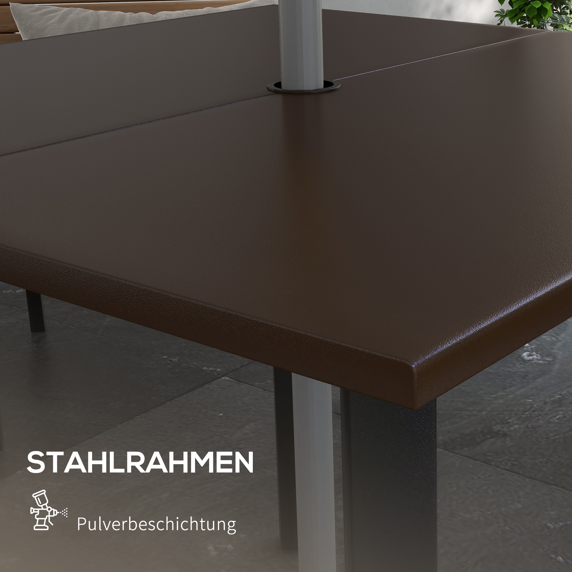 Outsunny Tuinset met parasolgat, metalen frame, 100x100x72 cm, bruin/zwart