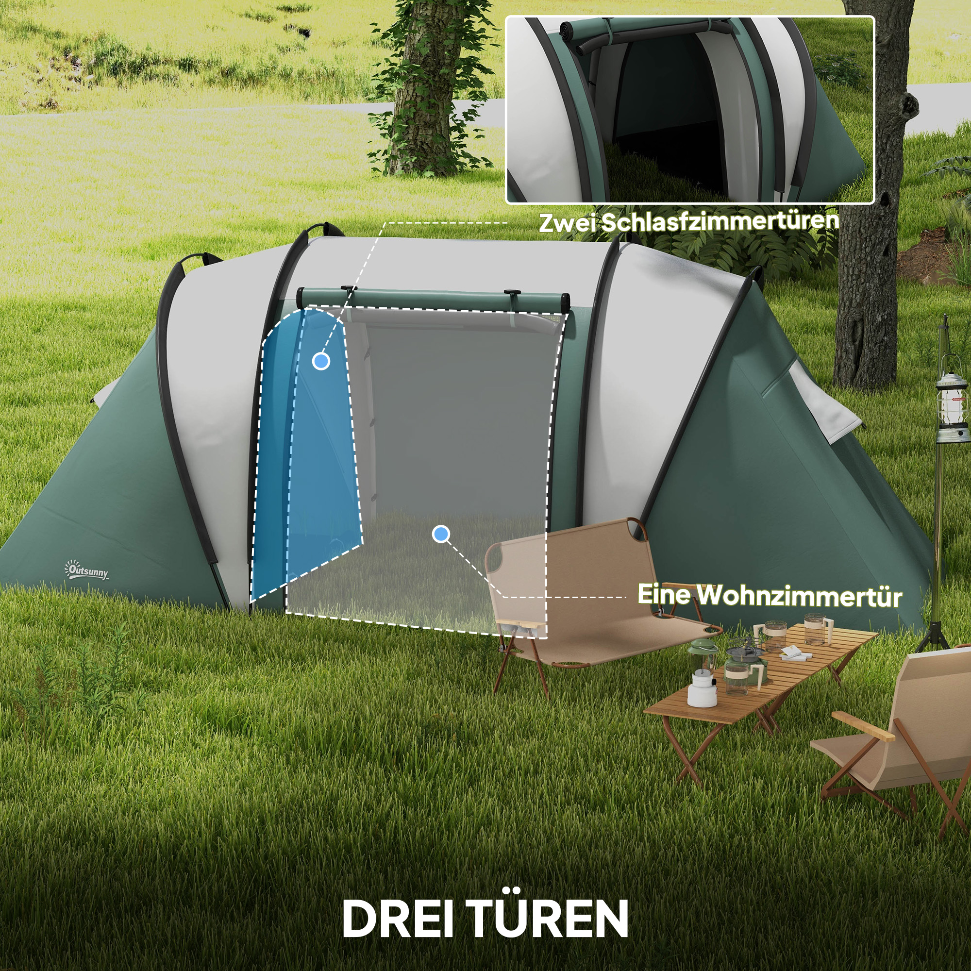 Outsunny Lichtgewicht Waterafstotende Campingtent voor 4-5 Personen met 3 Kamers, Zijdeur en Ramen in Donkergroen