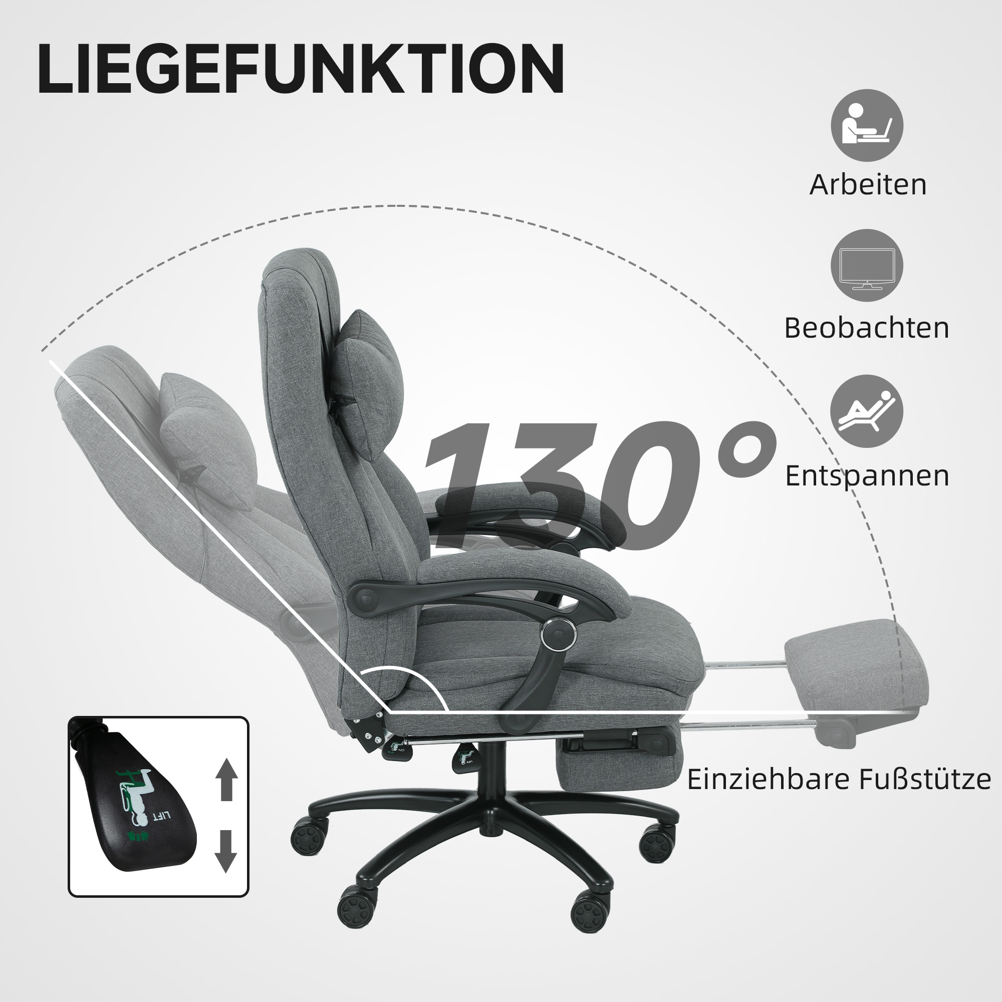 Vinsetto Massagewerkstoel, USB-aansluiting, draaibare wielen, Donkergrijs