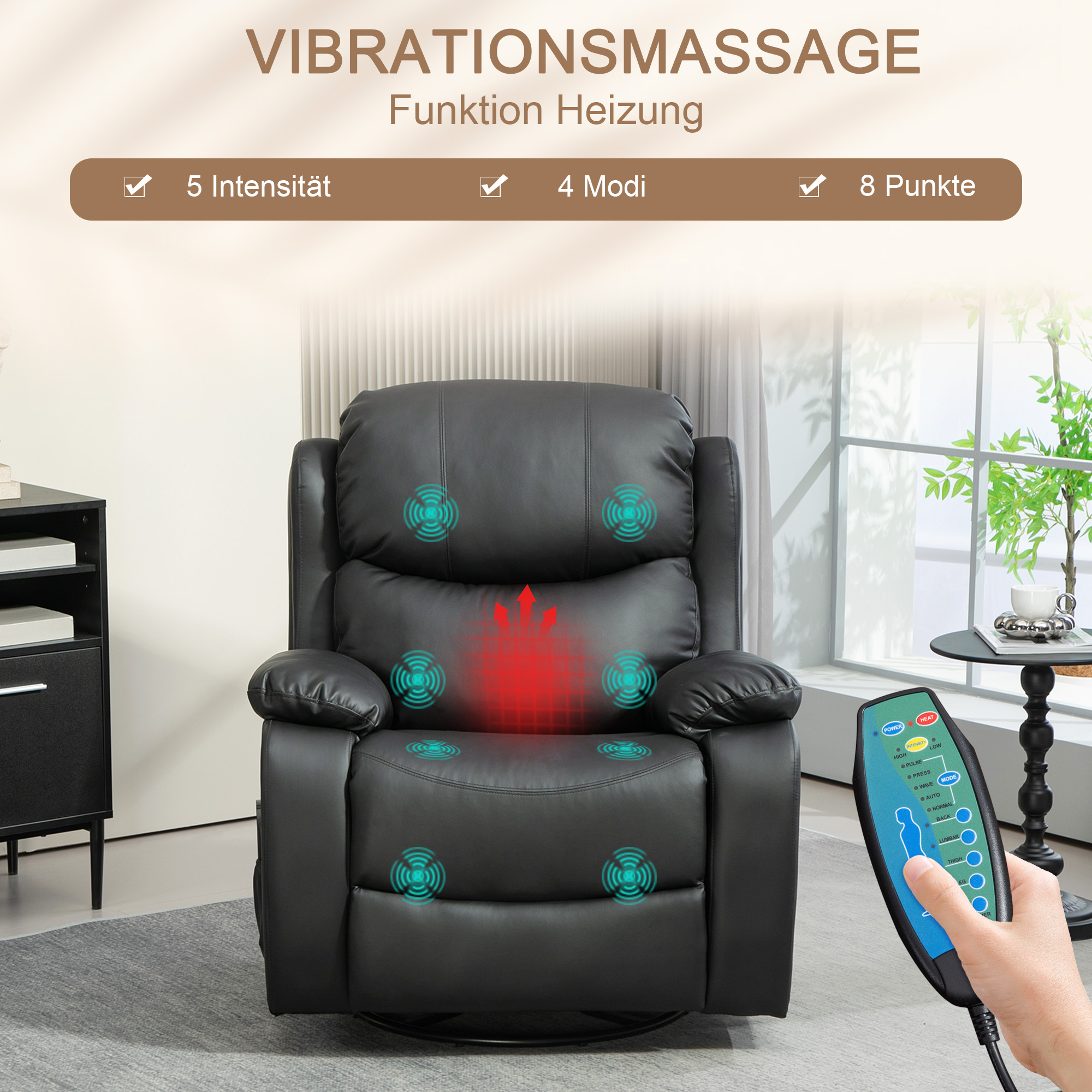 HOMCOM Massagestoel, Verwarm- & Ligfunctie, Kunstleer, tot 150kg, 97x92x104cm, Zwart
