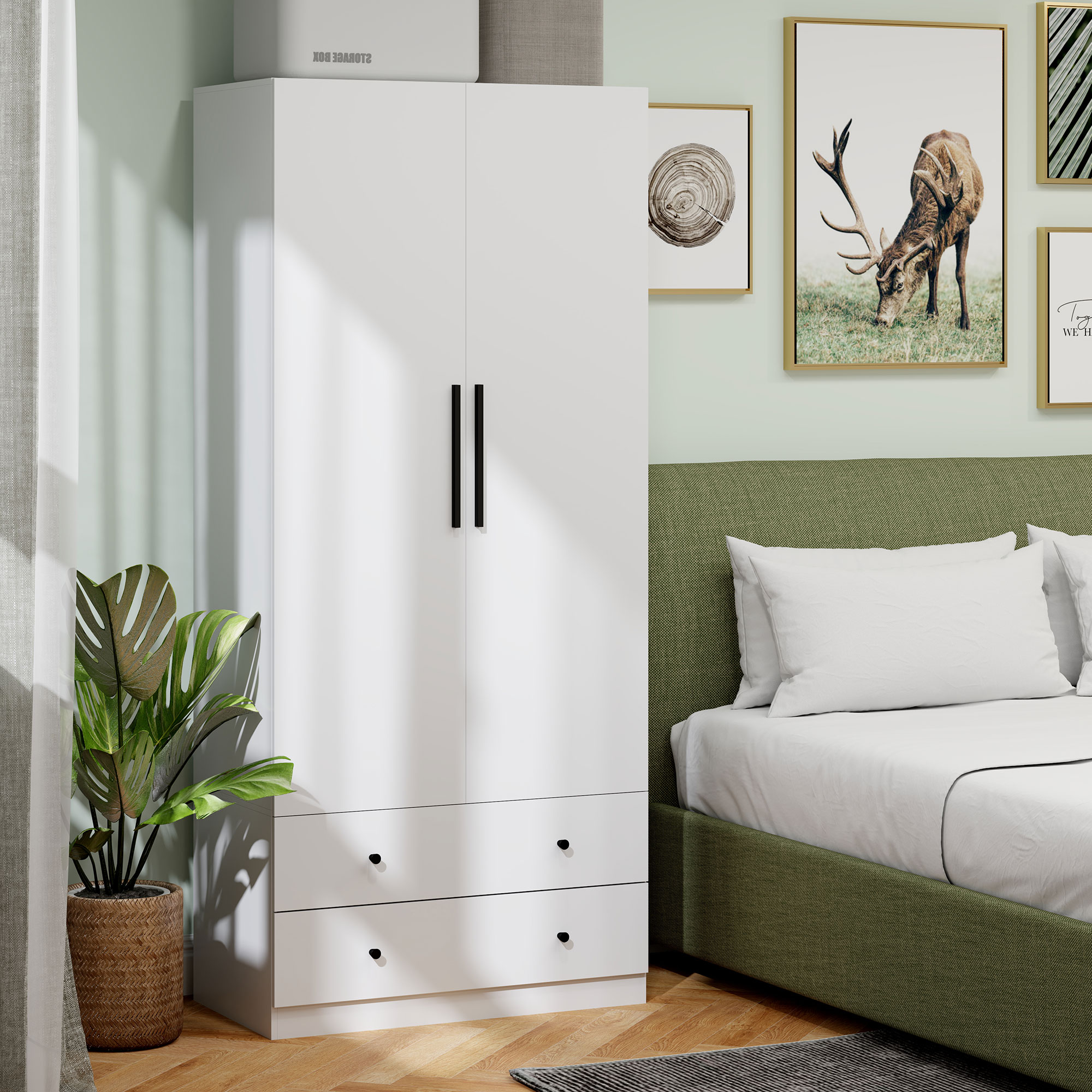 HOMCOM Garderobekast, 2-Deurs, Hangruimte, Kledingstang, 2 Laden, Spaanplaat, Wit