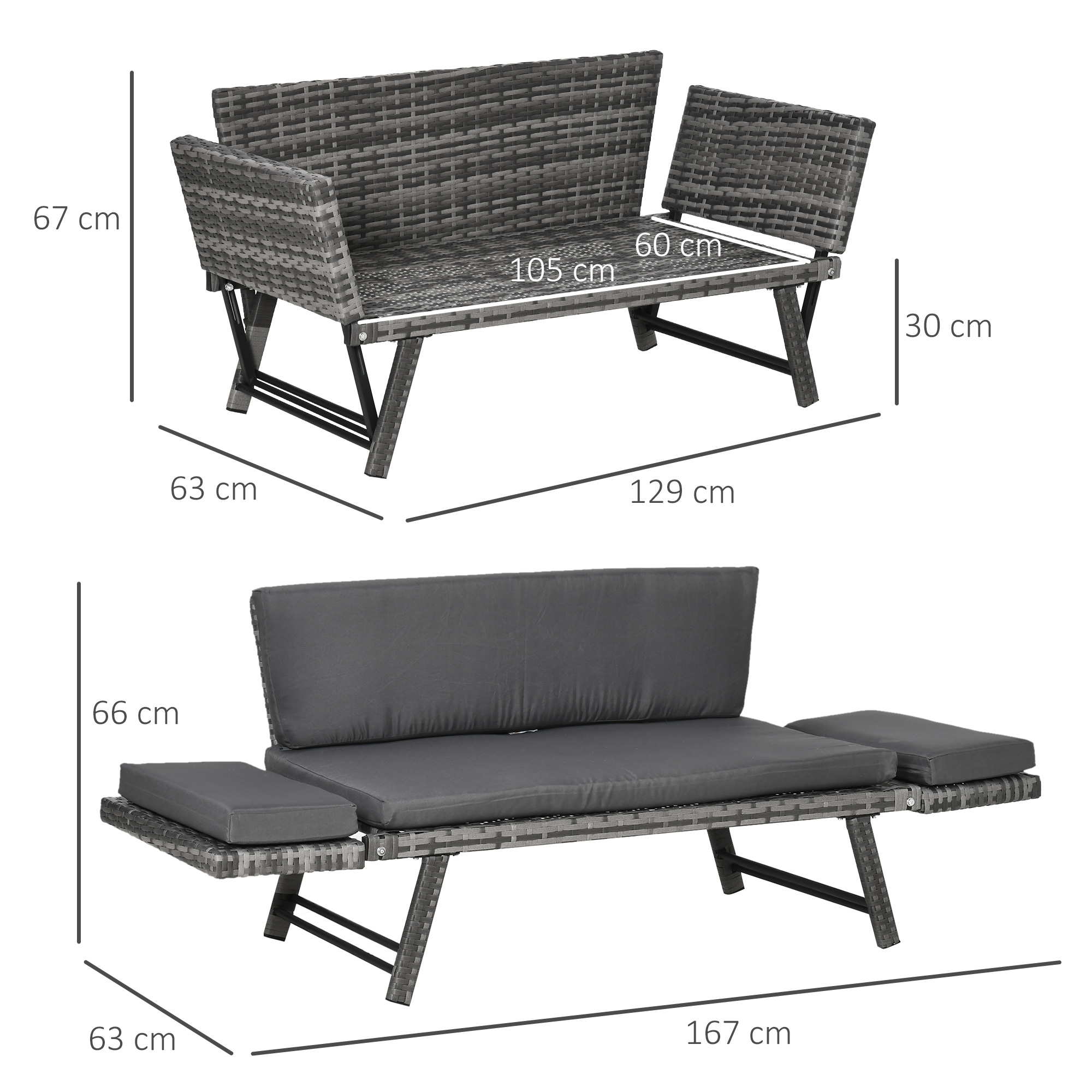 Outsunny 2-zits tuinbank met opklapbare armleuningen, grijs 129 x 66 x 67 cm