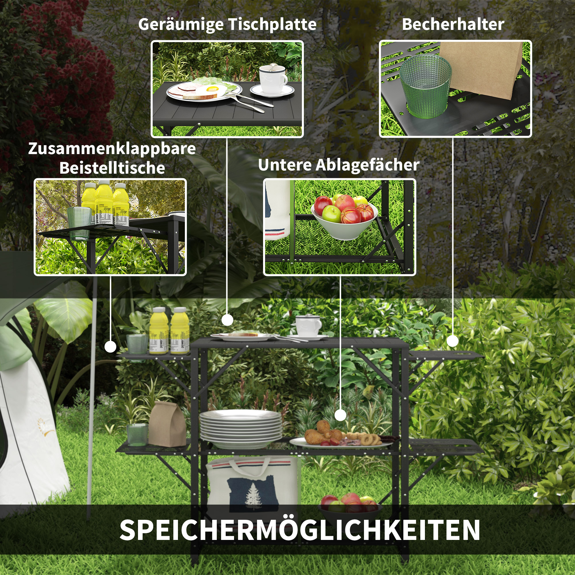 Outsunny Campingtafel Picknicktafel Buitenkeukenkast, Opvouwbaar, Weerbestendig, 126 cm x 44 cm x 80 cm, Zwart