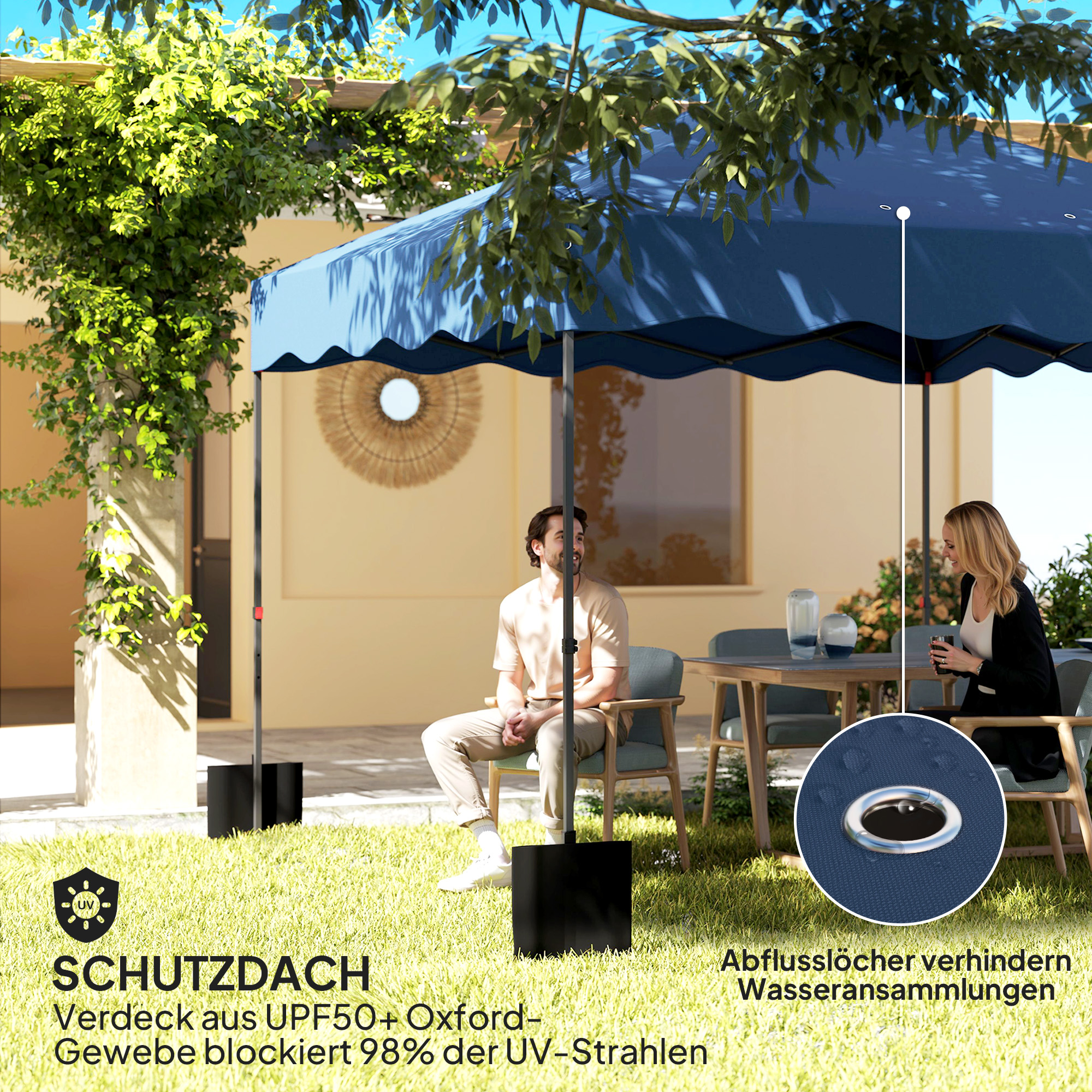 Outsunny 3 x 3 m Pop-up Paviljoen, Hoogteaanpasbaar Tuinpaviljoen, met RolTas, voor Tuin, Terras, Metaal, Stof, Donkerblauw