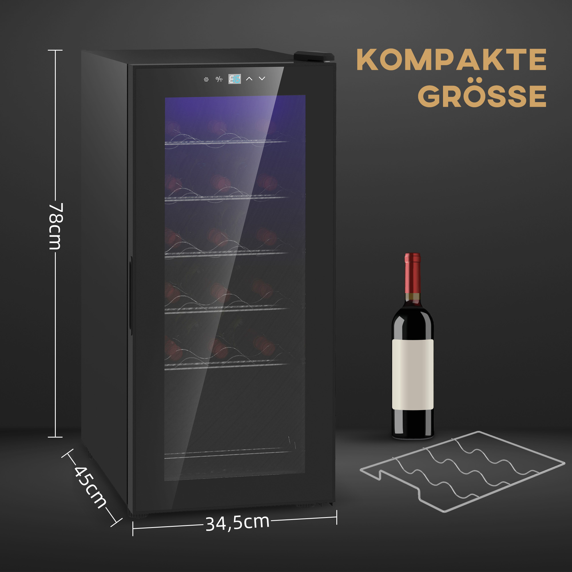 HOMCOM Wijnkoelkast, Stil, 5-18°C, Touchscreen, Verlichting, 34,5x45x78cm, Zwart
