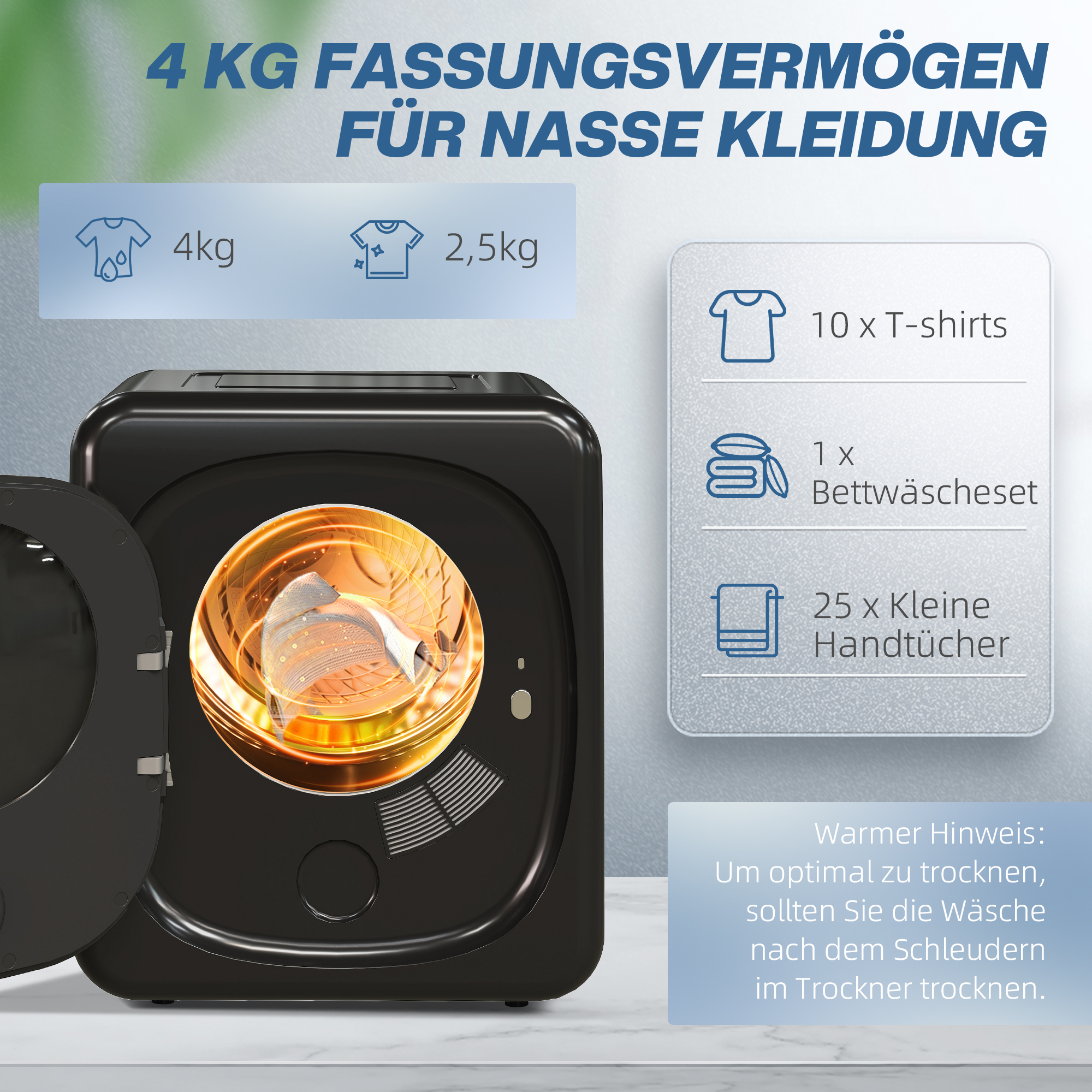 HOMCOM Wasdroger met UV-Desinfectie, Compact Ontwerp, 4 kg Capaciteit, Roestvrijstaal, Zwart