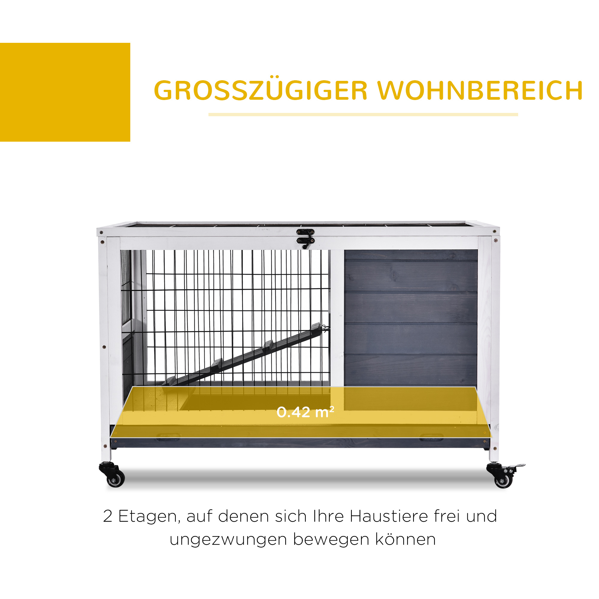 PawHut konijnenhok op wielen konijnenhok met twee verdiepingen vurenhout grijs wit