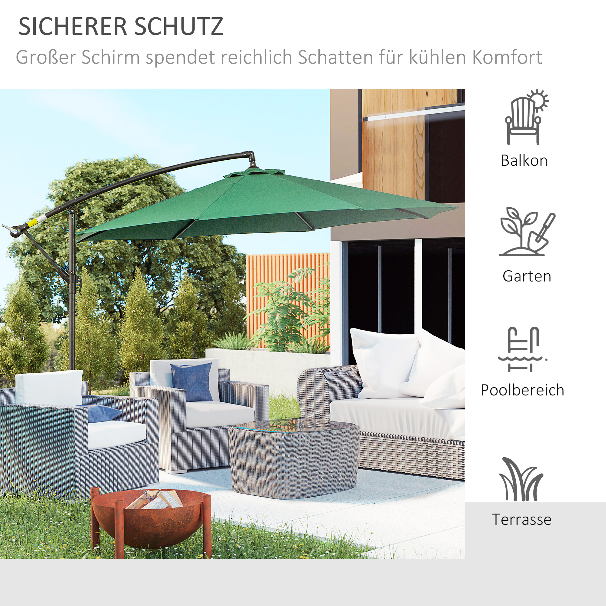 Outsunny Parasol met Handzwengel Weerbestendig 3 m x 3 m x 2,5 m XXL Groen