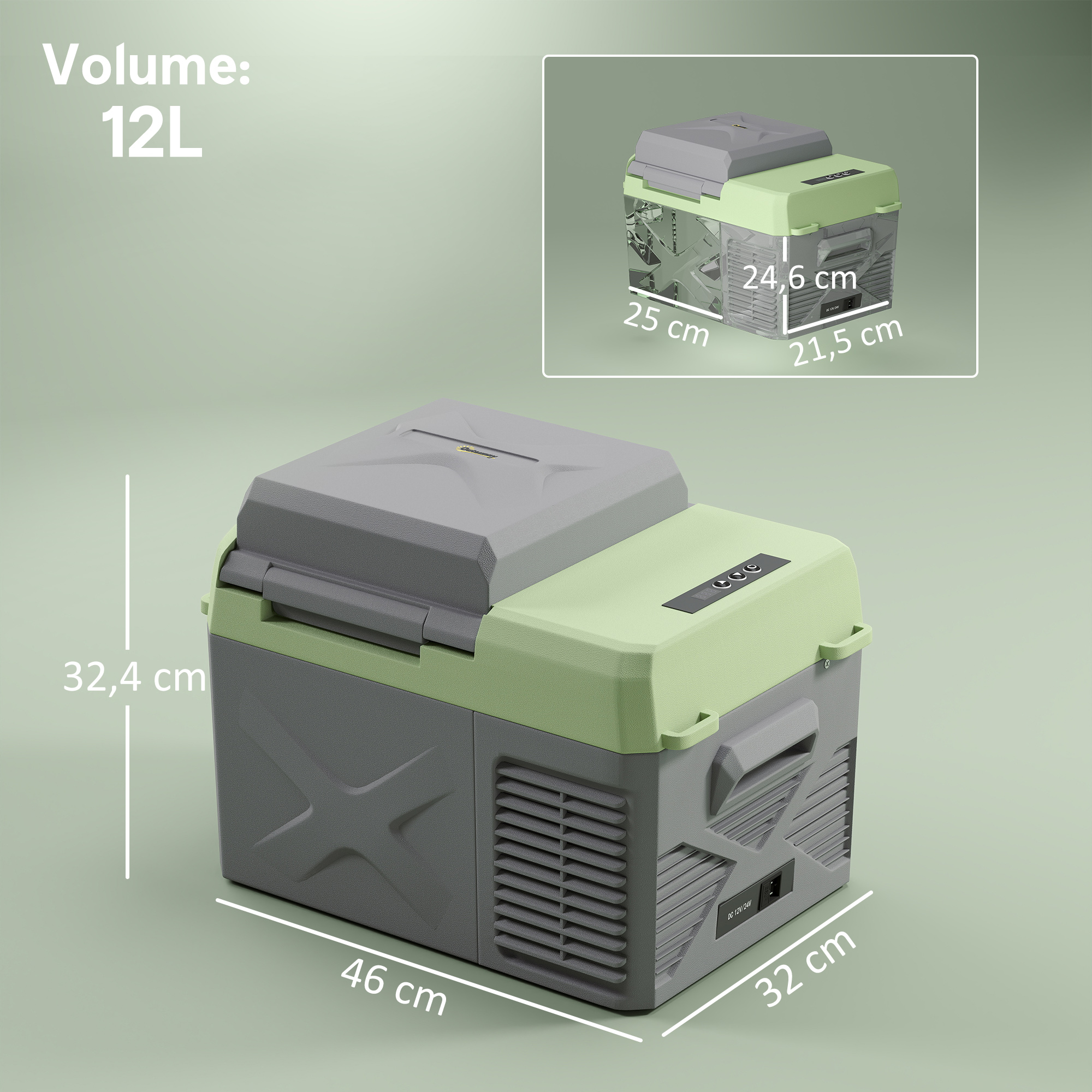 Outsunny 12 Liter Compressor Koelbox Elektrische Koelbox met Anschluss Koel- en Vriesfunctie Grijs+Groen