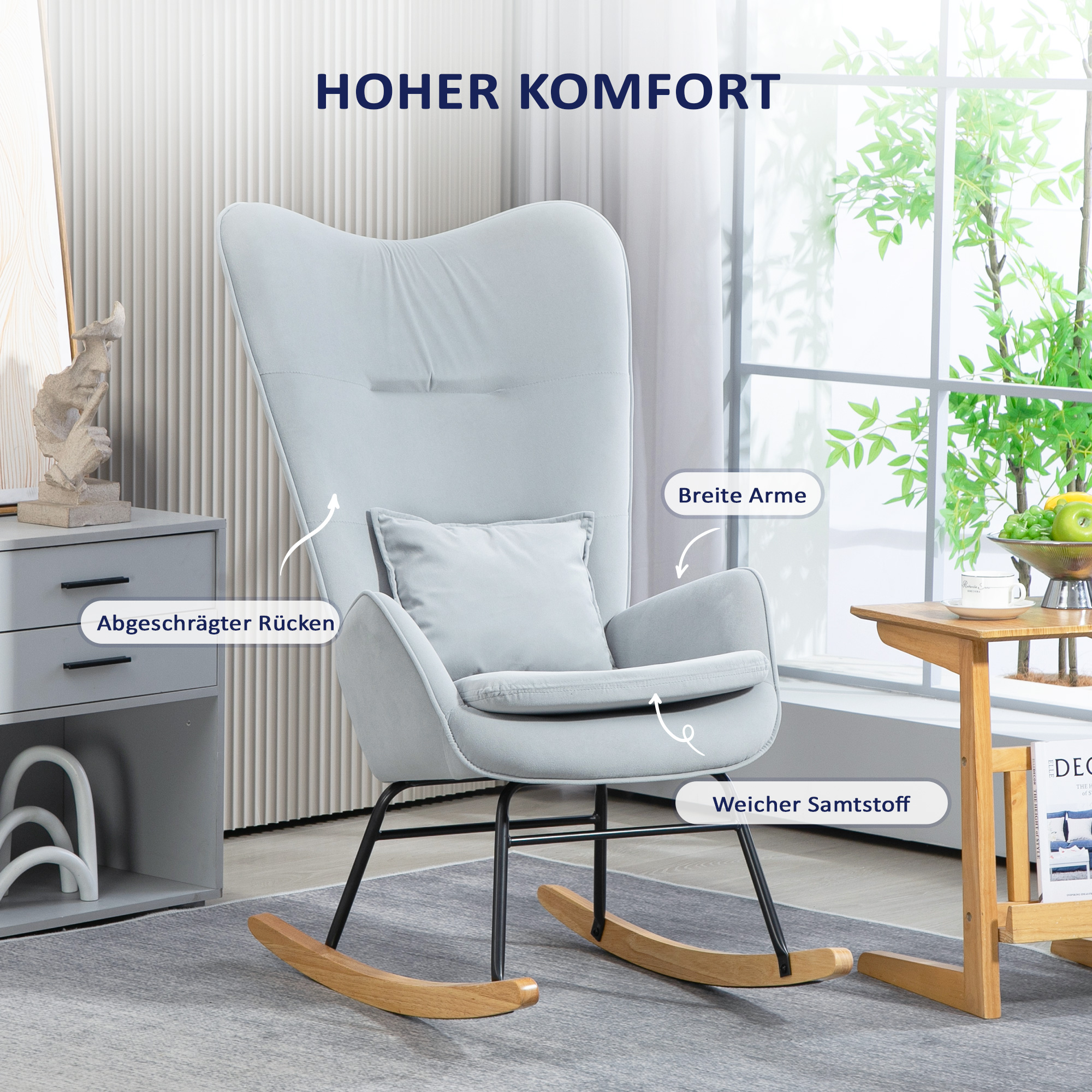 HOMCOM Schommelstoel met Zachte Bekleding in Samtlook, Inclusief Lendekussen, tot 120 kg, 67 x 85 x 112 cm, Lichtgrijs