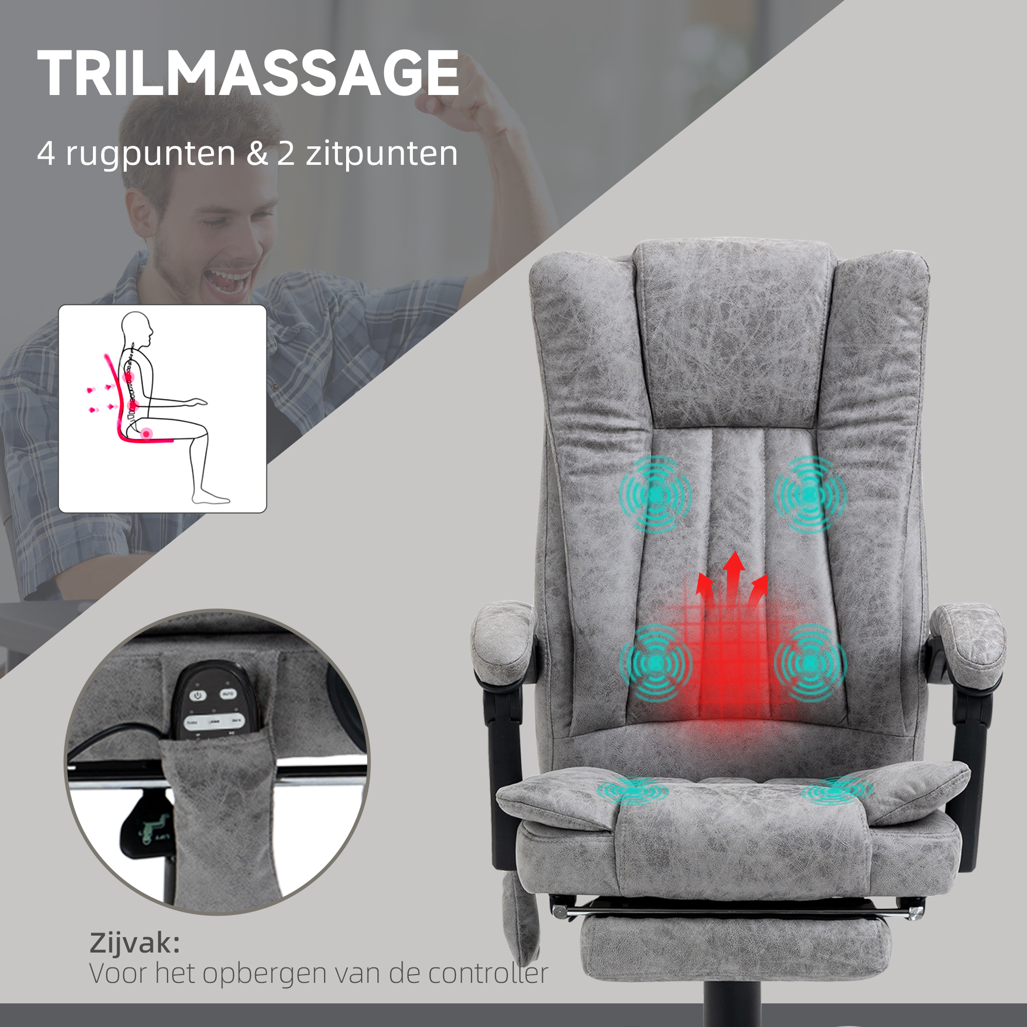 HOMCOM Bureaustoel massagestoel verwarmingsfunctie ligfunctie voetensteun grijs