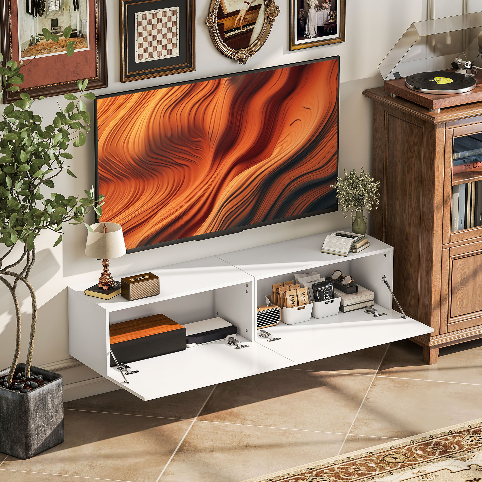 HOMCOM Wandgemonteerde Tv-kast, Zwevende Tv-console met Veel Afzetgebied en Opbergruimte, Spaanplaat, Wit