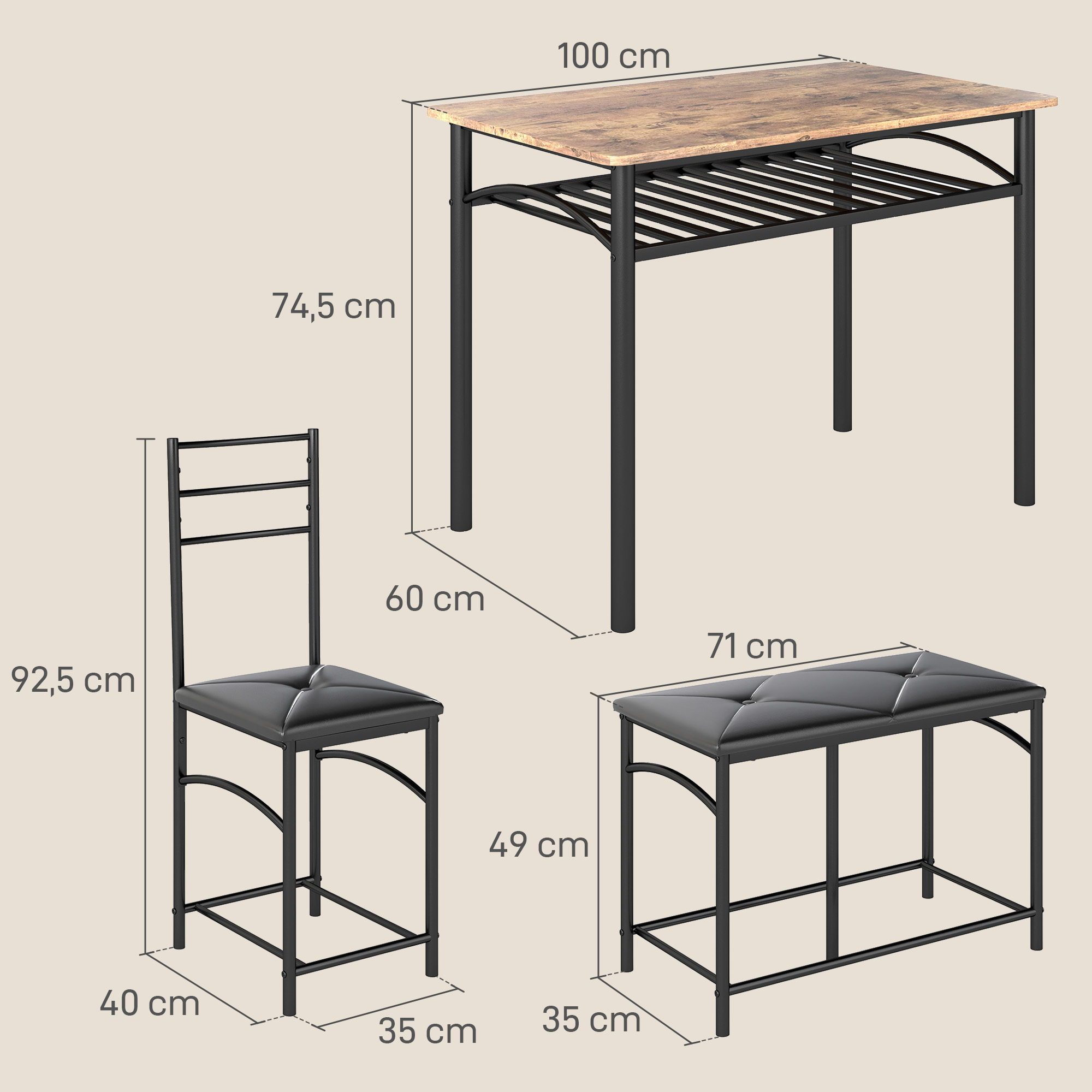 HOMCOM 4-Delige Eetkamerset, Ruimtebesparende Set met Tafel, 2 Stoelen en Bank voor Kleine Ruimtes, Metaal, Hout, Bruin