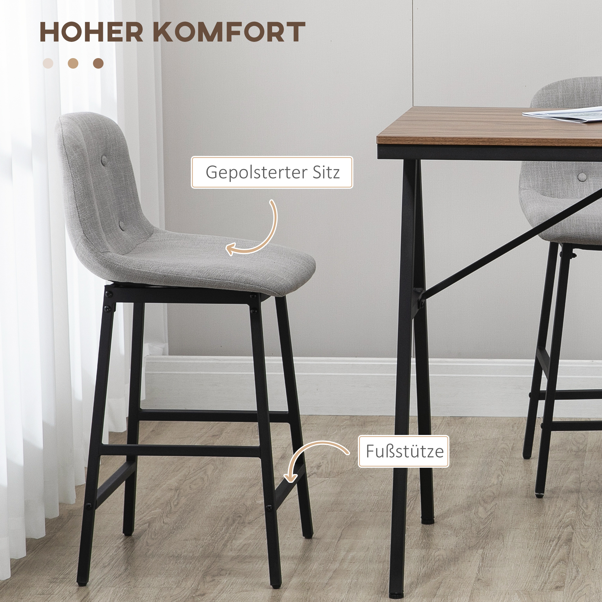 HOMCOM 5-delige Bargarnituur, Tafel en 4 Stoelen, Knoopafwerking, Dikke Bekleding, Linnenlook, Grijs