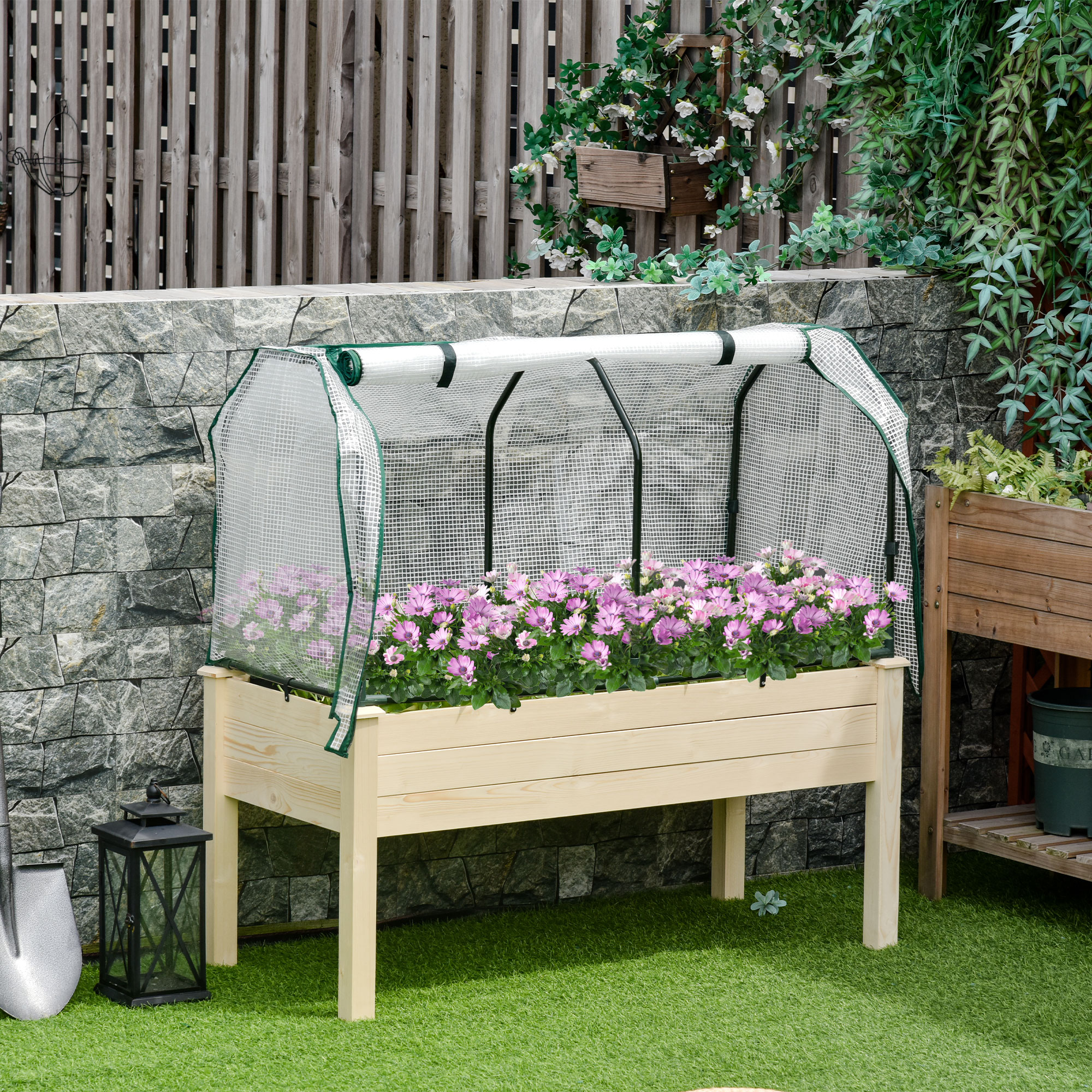 Outsunny Verhoogd Bed, Oprolbare Folieafdekking, Natuurlijk Houten Frame, Stofvoering, Afvoeropeningen, 121 x 55 x 117cm