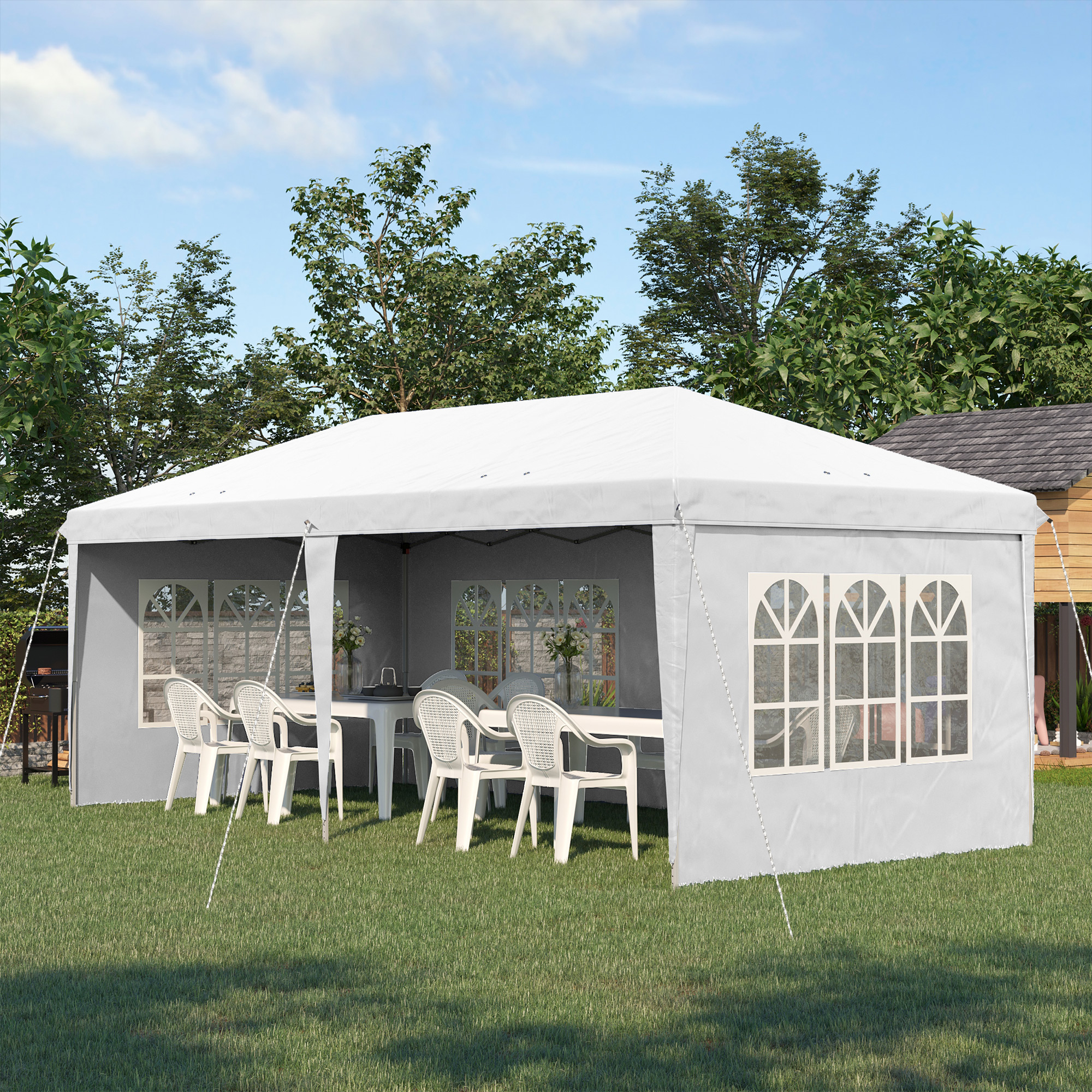 Outsunny Opvouwbare paviljoen, feesttent, 4 grote ramen, afneembare zijwanden, metalen frame, 5,85 x 2,95 x 2,7 m, wit