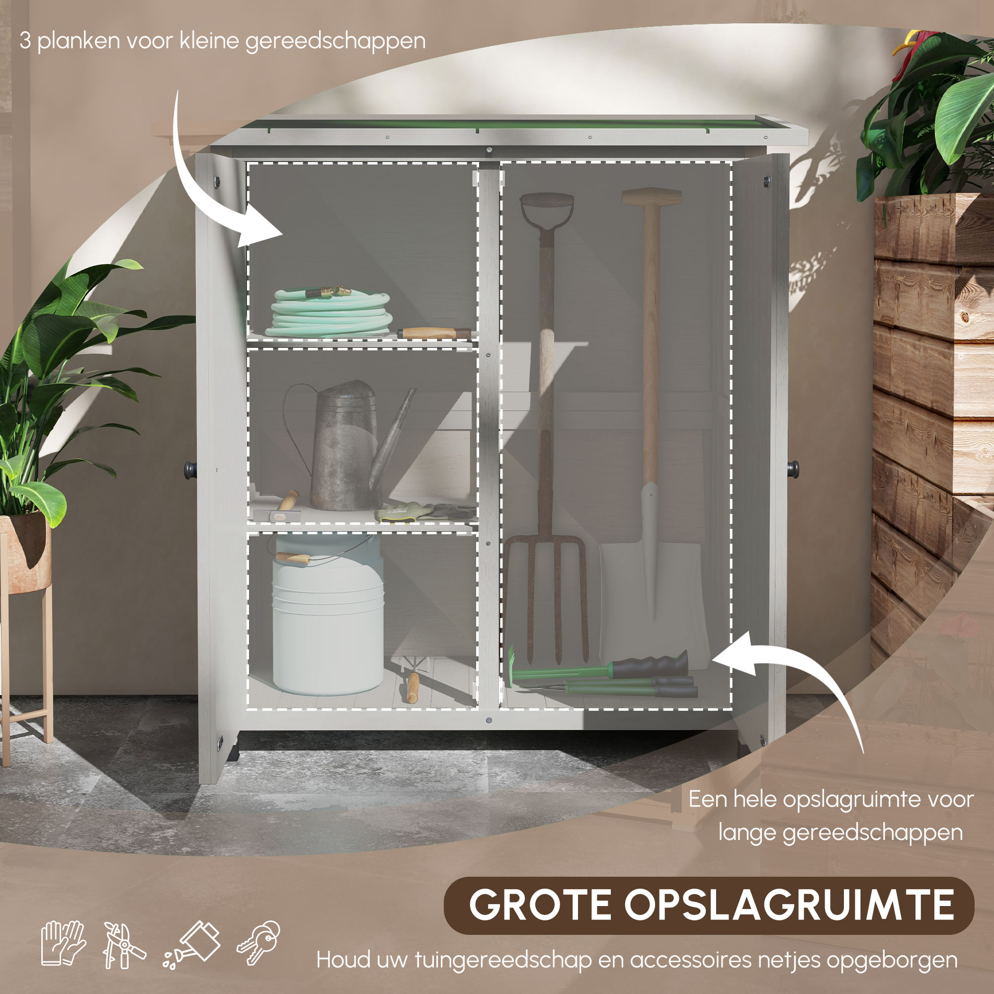 Outsunny Houten Opbergkast met 2 Deuren, Tuinschuur met Asfaltdak, 110 x 55 x 117 cm, Lichtgrijs