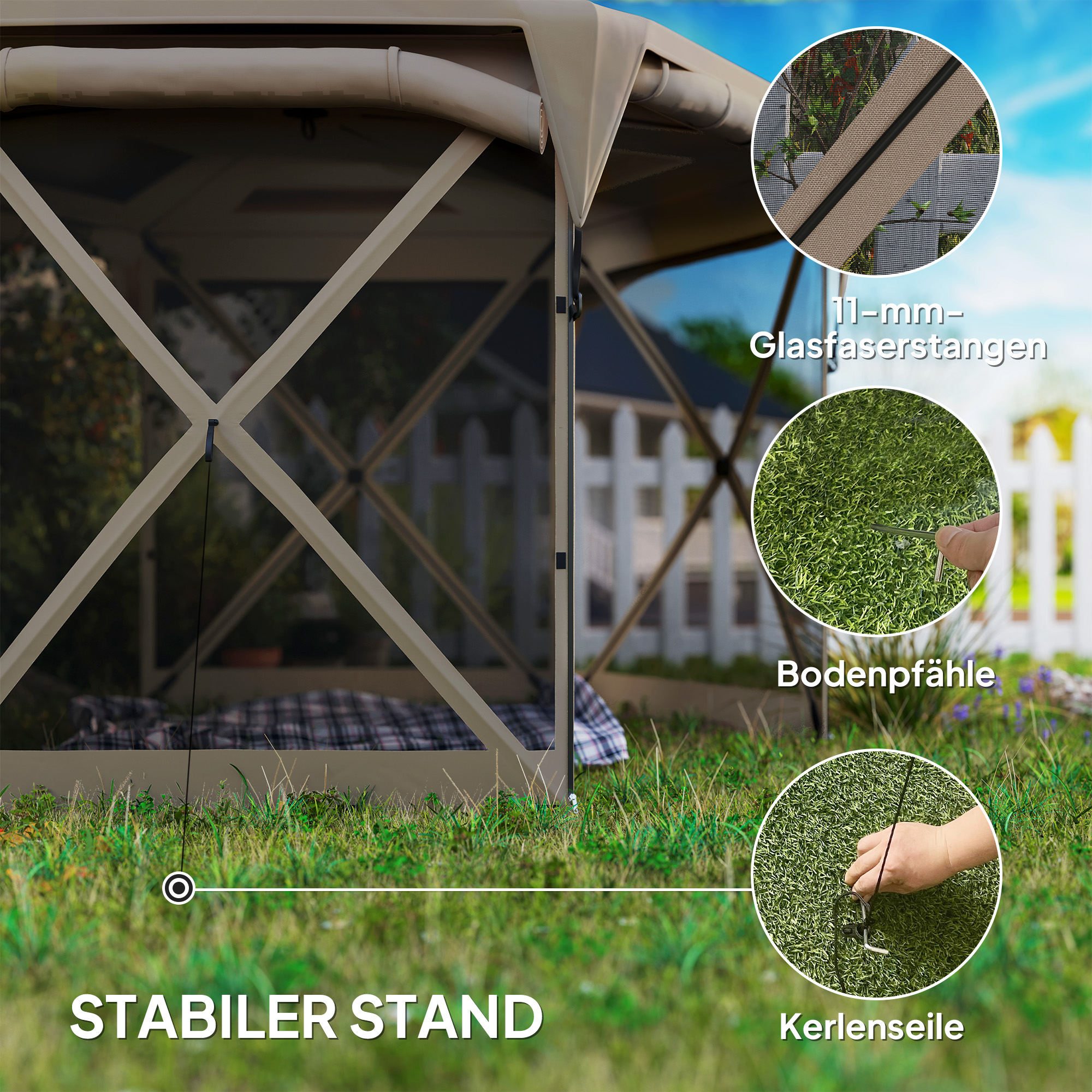 Outsunny 3 x 3,5 Pop-up Tuinpaviljoen met UPF30+ Bescherming, Netwanden, Draagtas, voor Tuinfeesten, Camping, Khaki