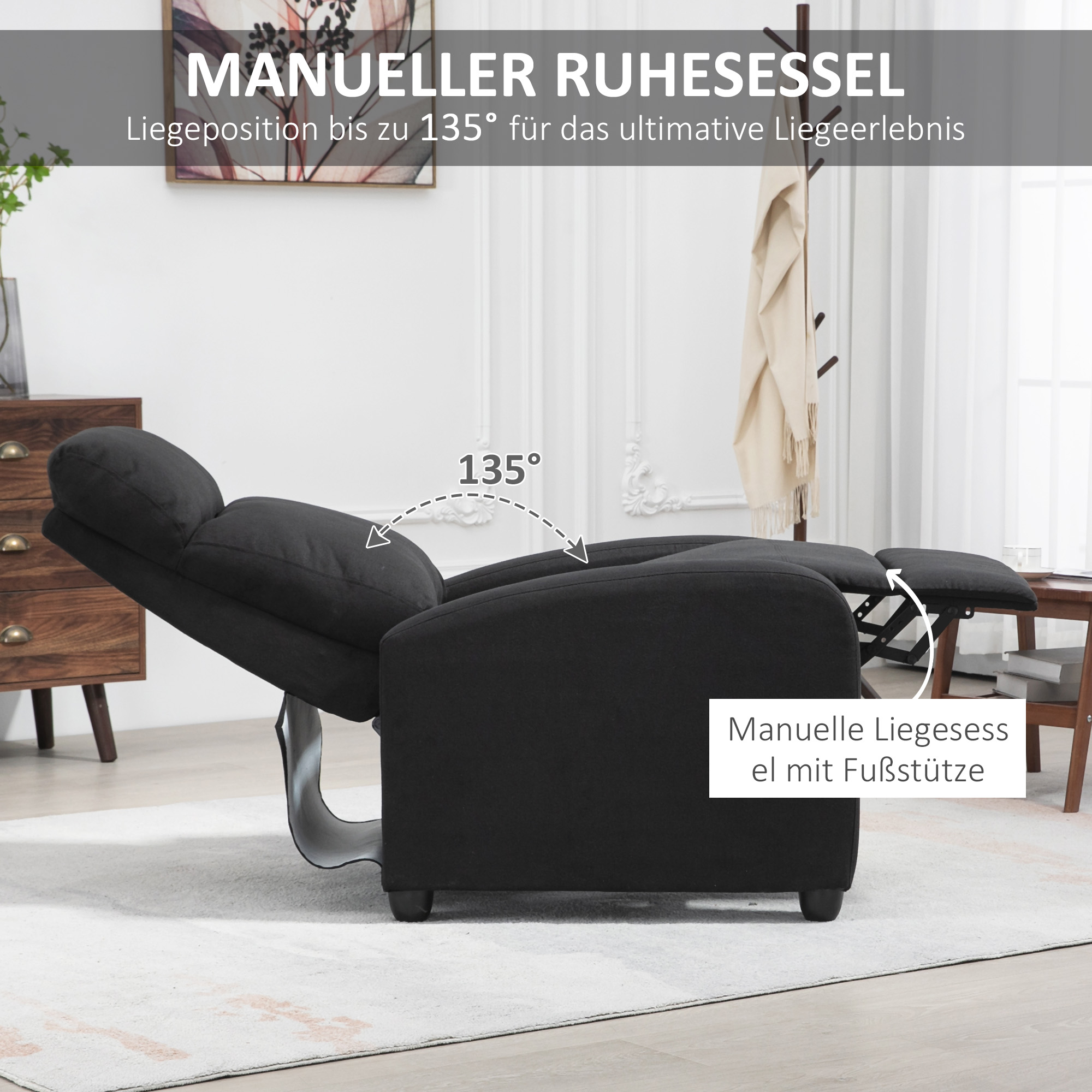 HOMCOM Relaxfauteuil, verstelbaar tot 135°, uitschuifbare voetsteun, gestoffeerde leuningen, Linnen-Polyester, Zwart
