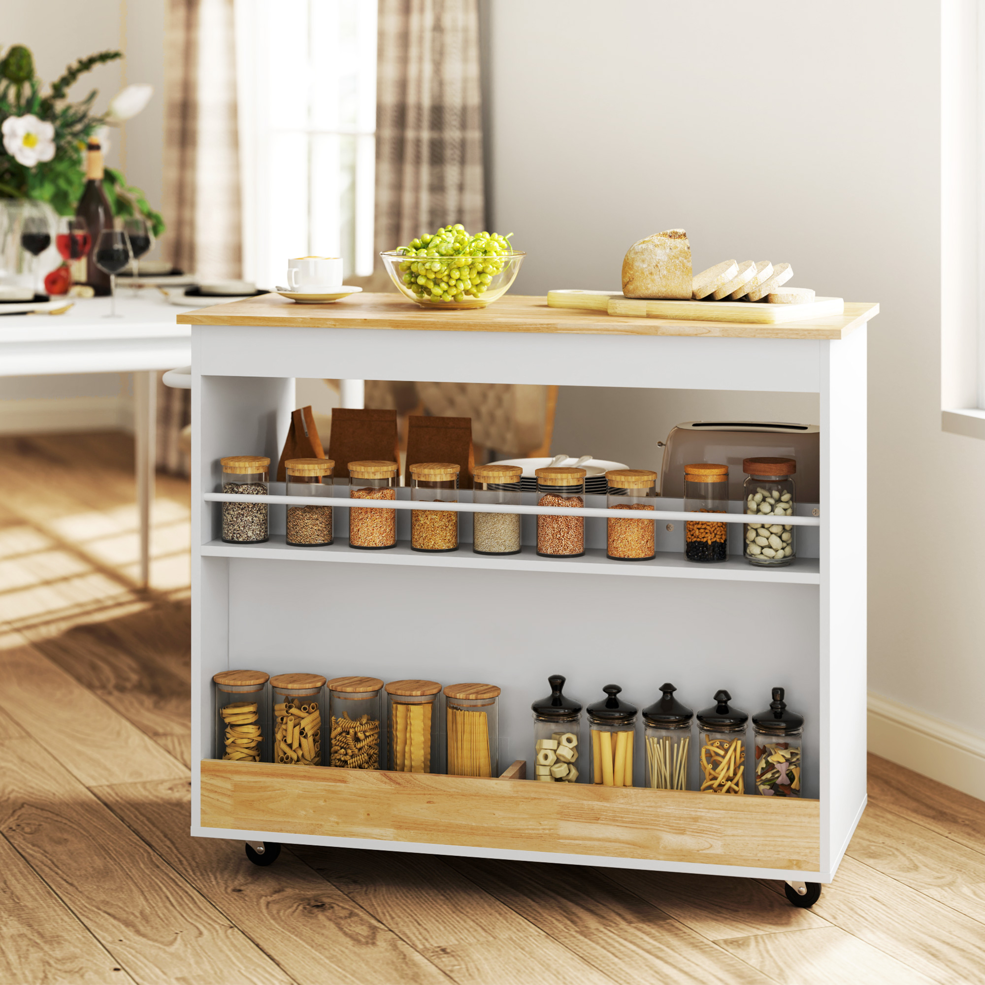 HOMCOM Keukentrolley, Rolbaar Keukeneiland, Keuken-Trolley met Vakken, Kast en Werkblad, Wit