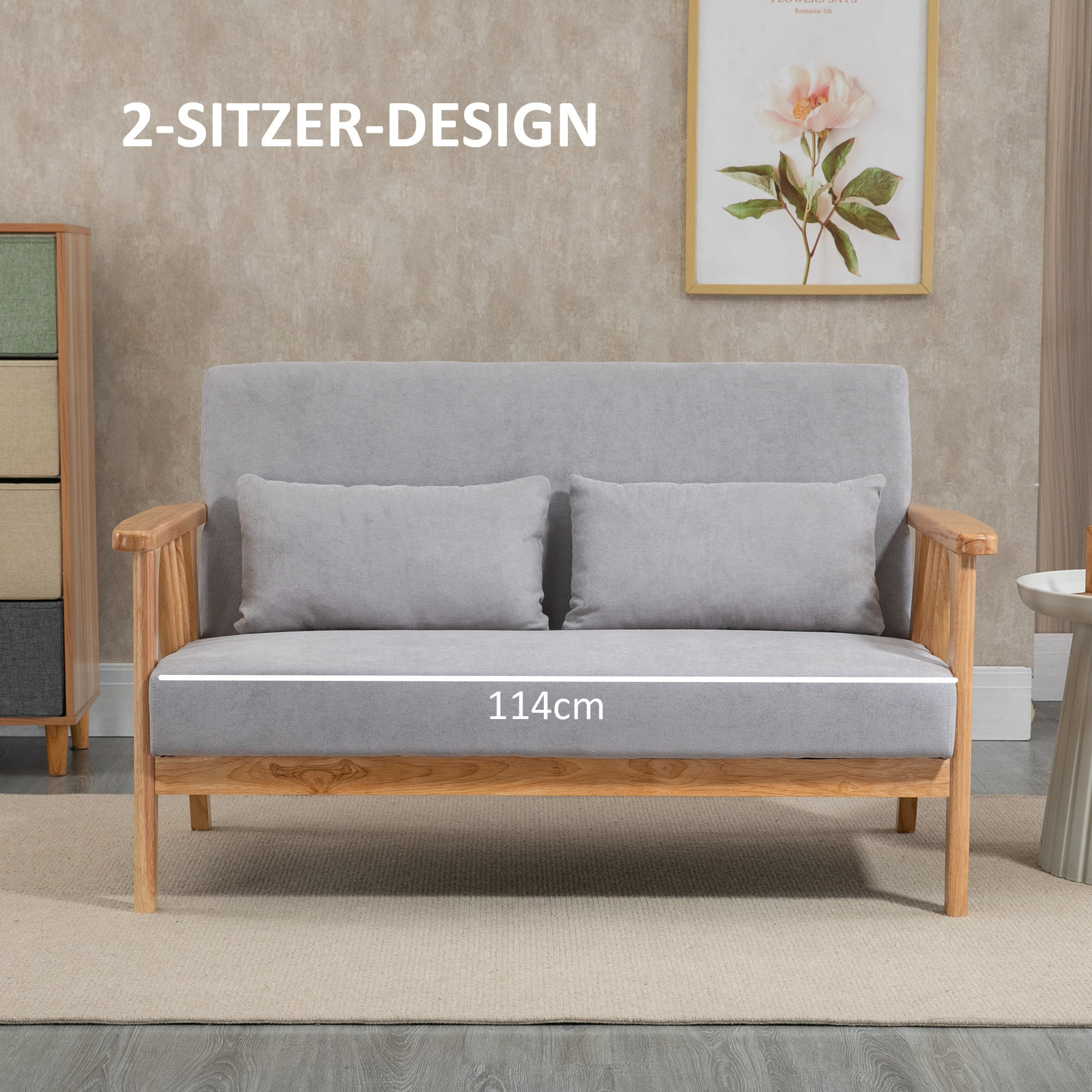 HOMCOM Sofa Relaxbank 2-zitsbank, inclusief 2 kussens, fluweelachtige uitstraling, rubberhout, 130 cm x 75 cm x 78 cm, Grijs + Natuurlijk