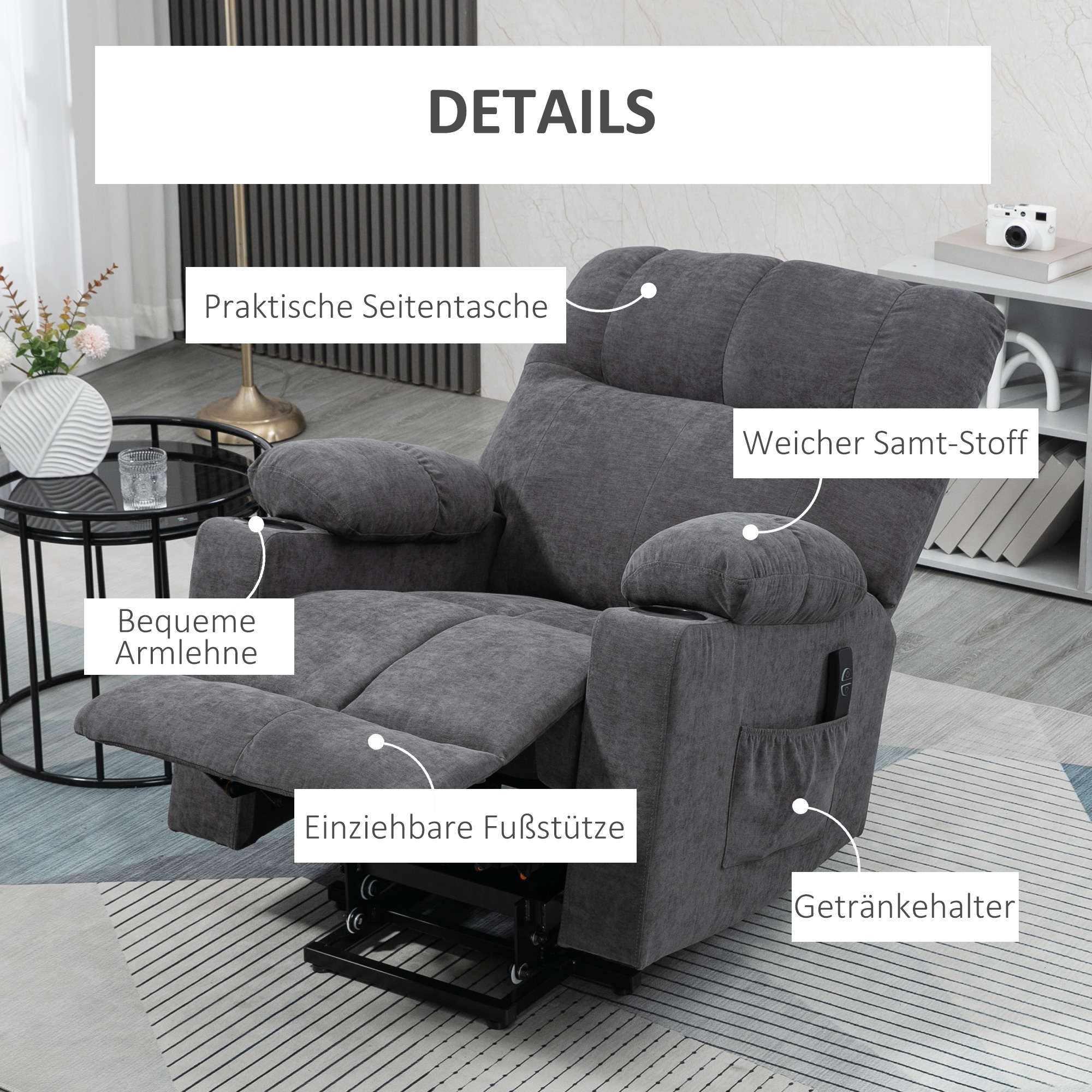 HOMCOM Opstaan hulp seniorenstoel, ligfunctie, inclusief afstandsbediening, 144 cm x 91 cm x 88 cm, Donkergrijs