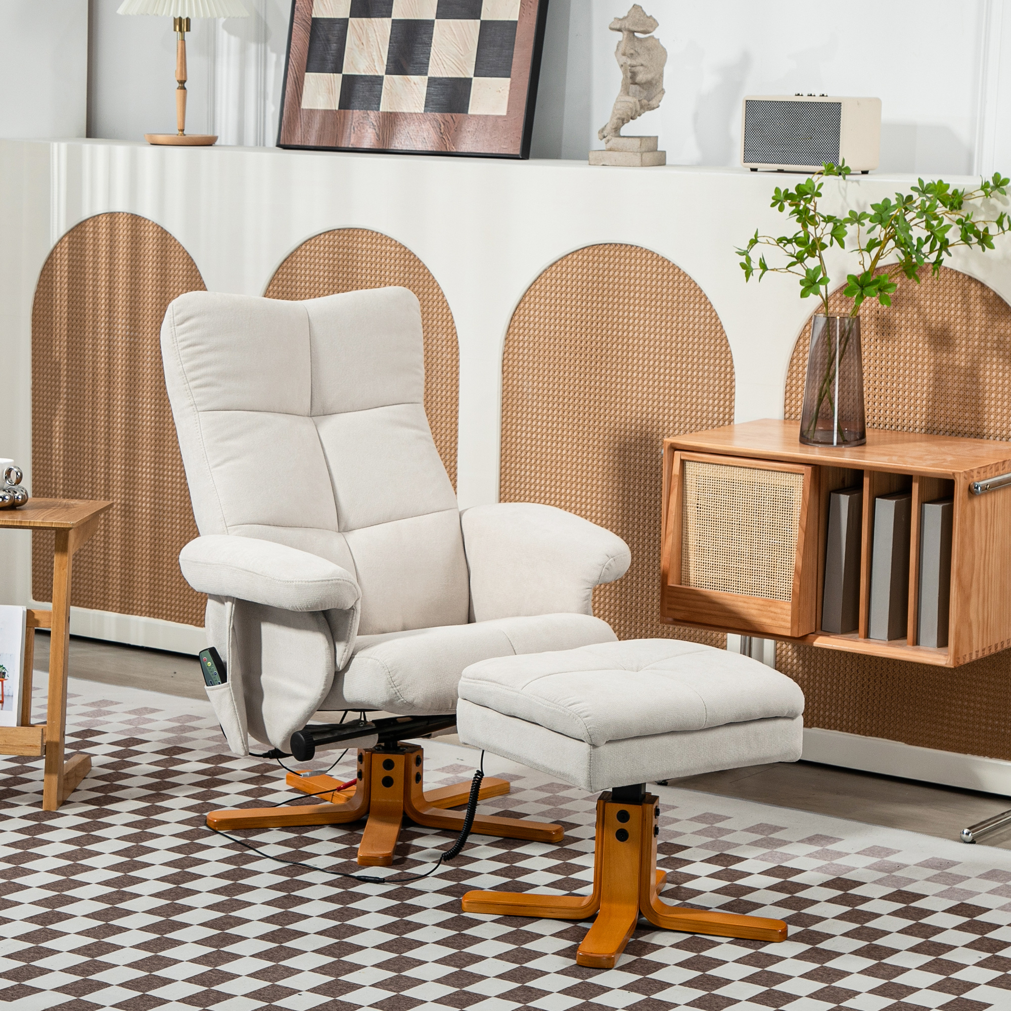 HOMCOM Massagestoel met Ligfunctie en Voetenbankje, 145°-Kanteling, Polyester, 80 x 86 x 99 cm, Crèmewit