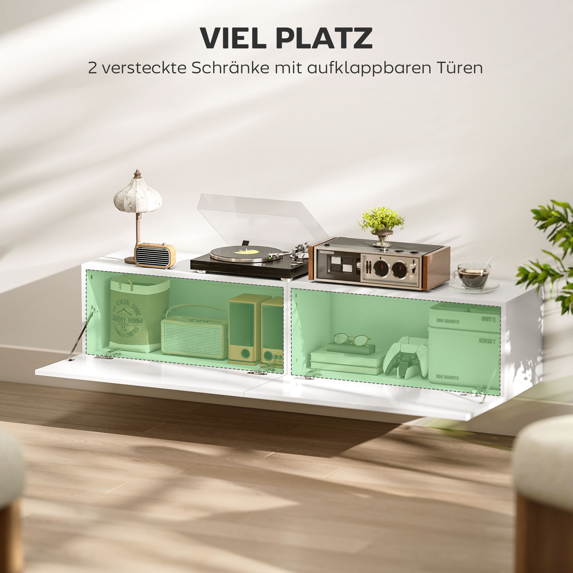 HOMCOM Wandgemonteerde Tv-kast, Zwevende Tv-console met Veel Afzetgebied en Opbergruimte, Spaanplaat, Wit