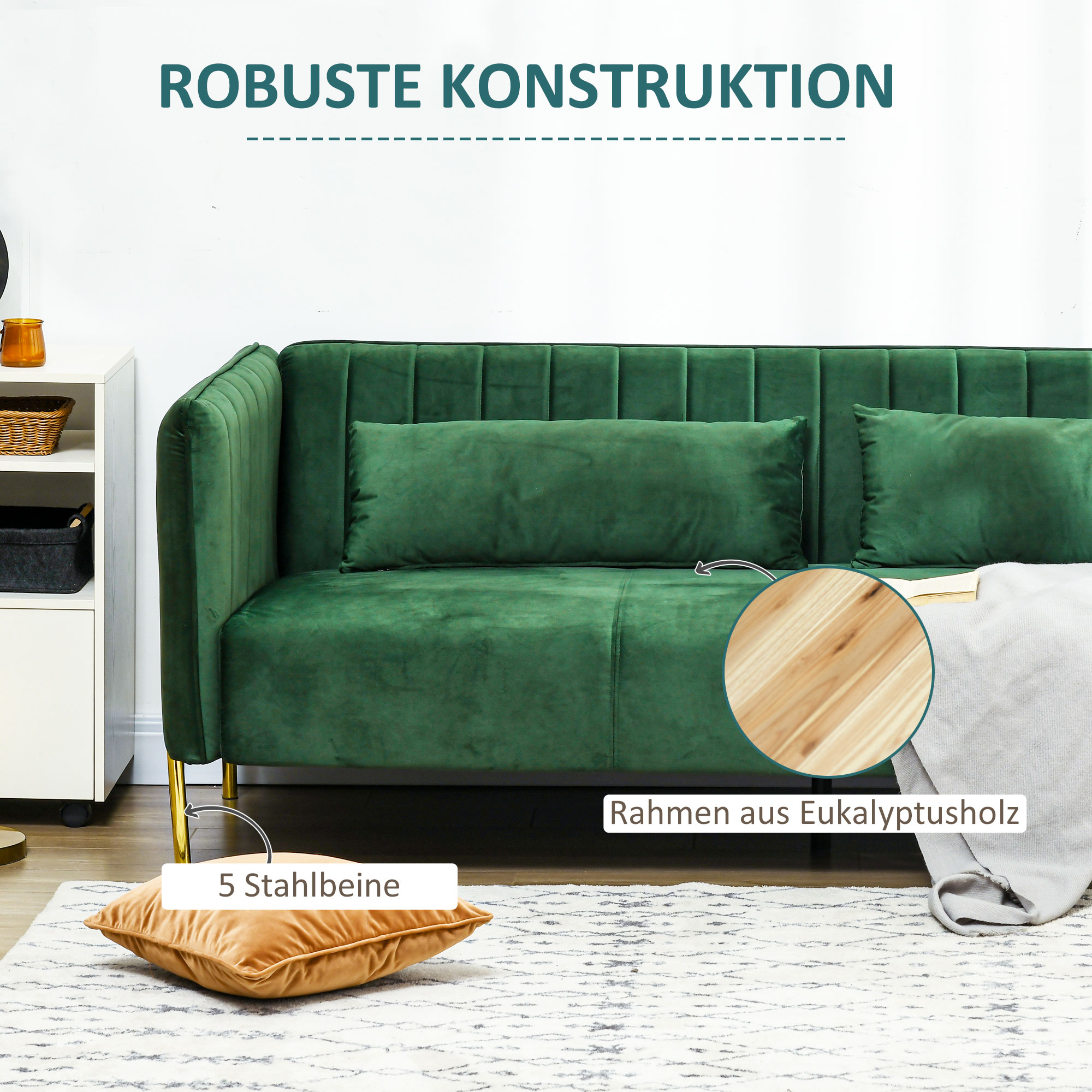 HOMCOM 3-zitsbank, inclusief 2 kussens, fluwelen look, retro design, afneembare hoes, 195 cm x 88 cm x 76 cm groen