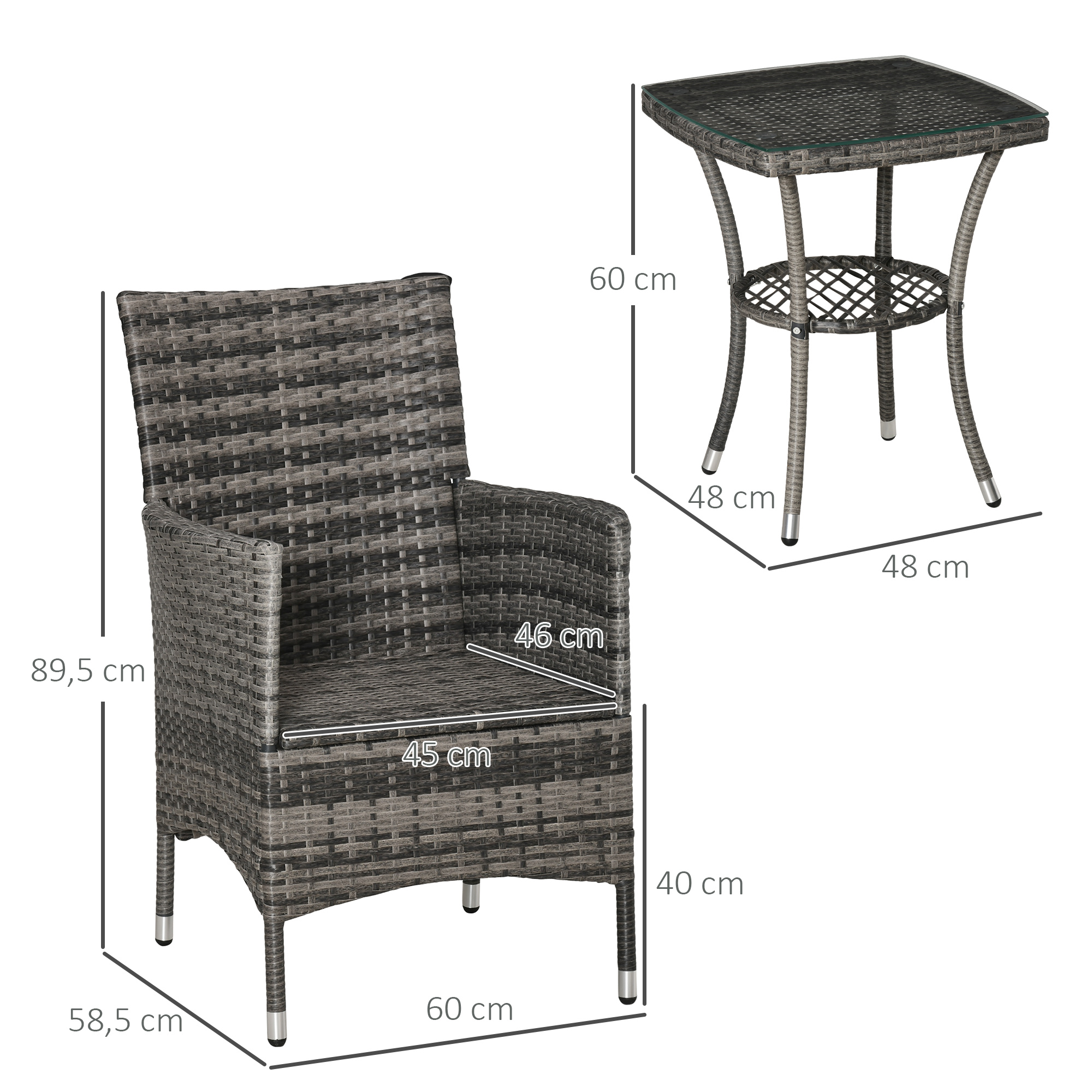 Outsunny 3-delige zitgroep in rotanlook met zitkussens, metaal+polyrattan+polyester, donkergrijs