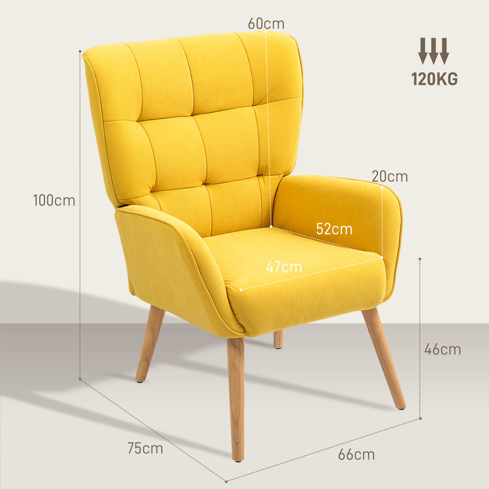 HOMCOM Gestoffeerde fauteuil, Woonkamerstoel met stiksels, Zachte bekleding in Fluweel Look, tot 120 kg, Geel