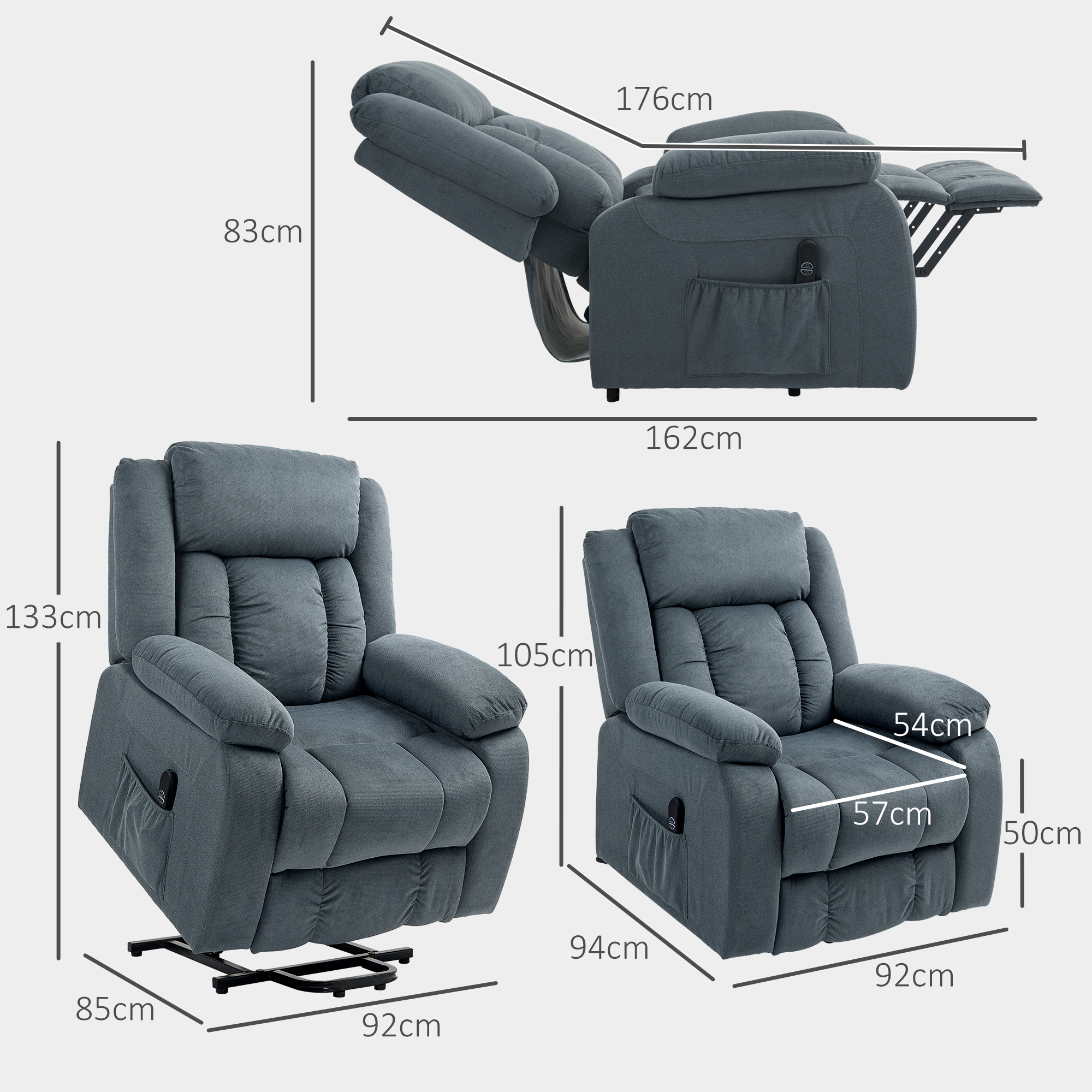 HOMCOM Opstaanstoel met Zachte Bekleding, Relaxstoel met Afstandsbediening en Zijvakken, Grijs