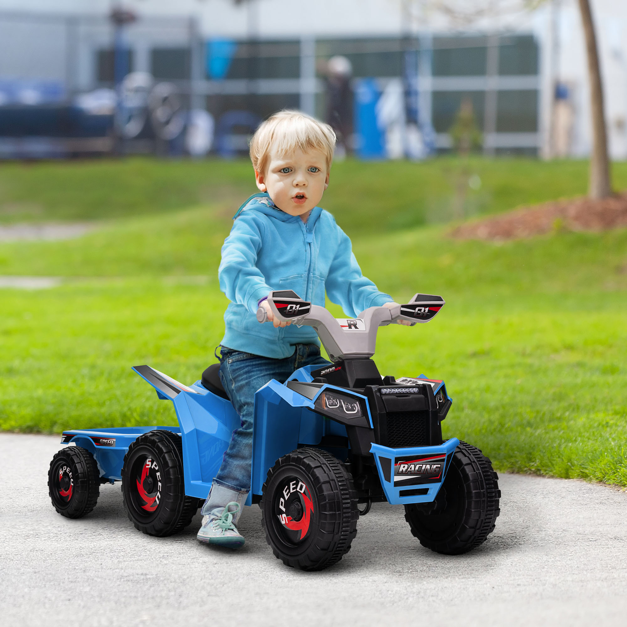 HOMCOM Kinderquad 2,5 km/h met aanhanger 50 minuten rijtijd achteruitversnelling metaal blauw