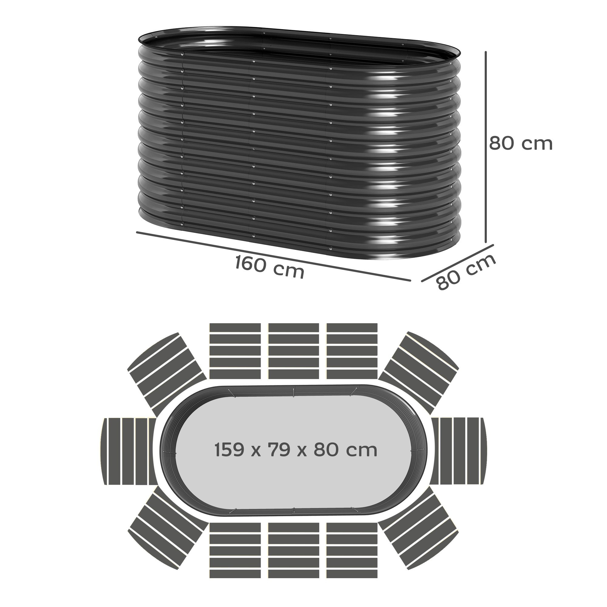 Outsunny Plantenkuip, Metalen Bloemenkuip met Veiligheidsrand en Handschoenen, Open Bodem, 160B x 80D x 80H cm, Donkergrijs