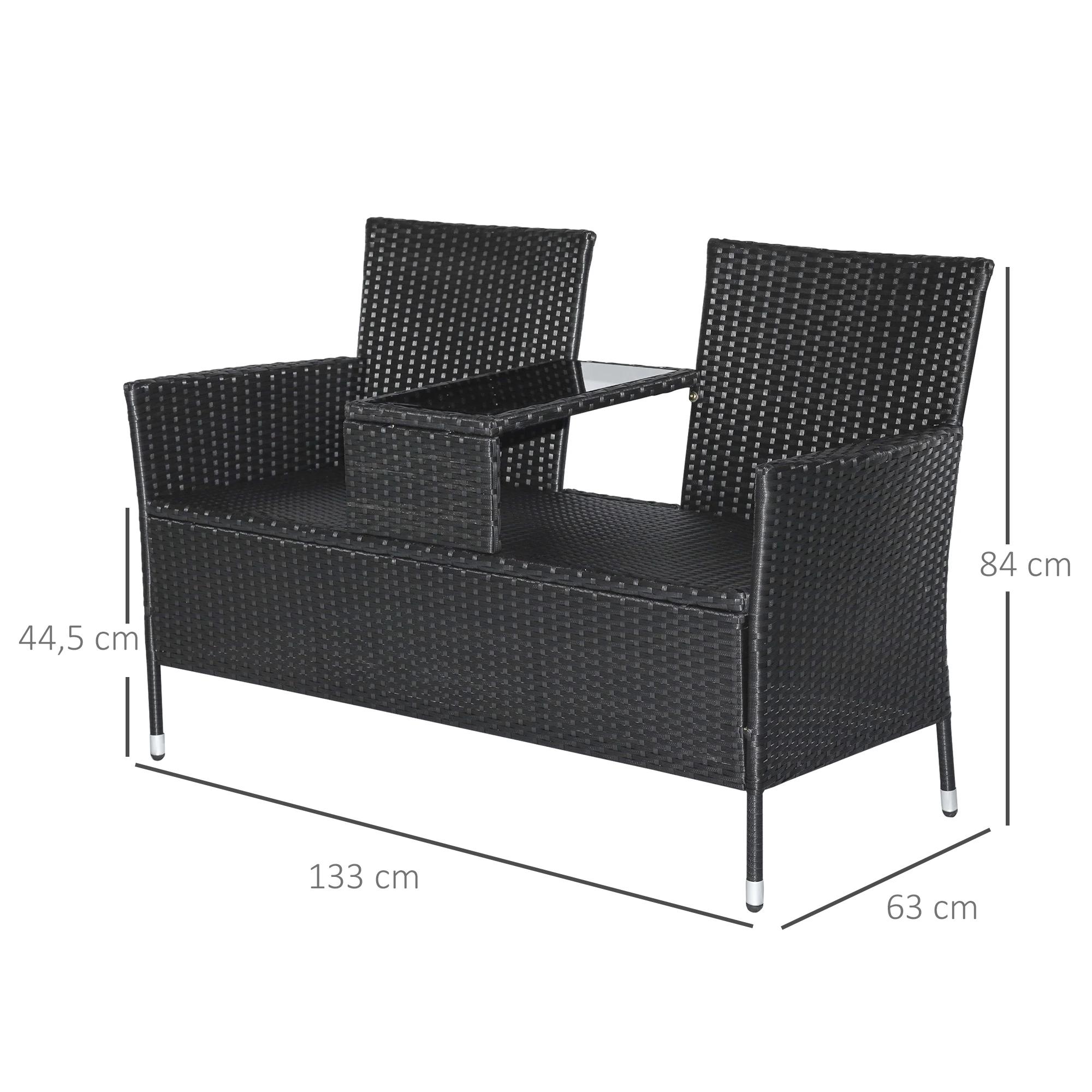 Poly-rotan tuinbank met tafel tuinbank bank 2-zits staal zwart