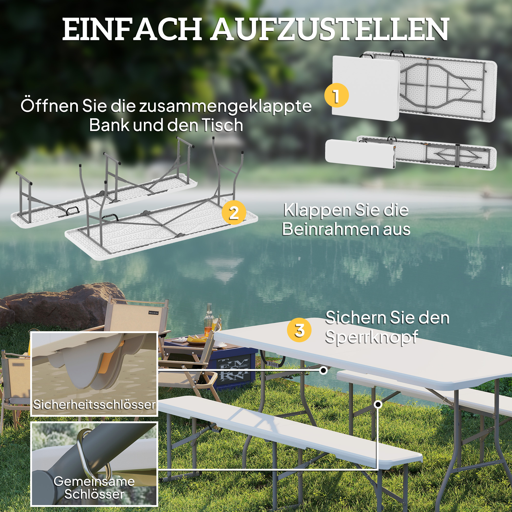 Outsunny 3-delig Picknicktafelset, 1 Tafel, 2 Banken, Opvouwbare Campingtafel met Draaghandvatten, Kunststof, Metaal, Wit