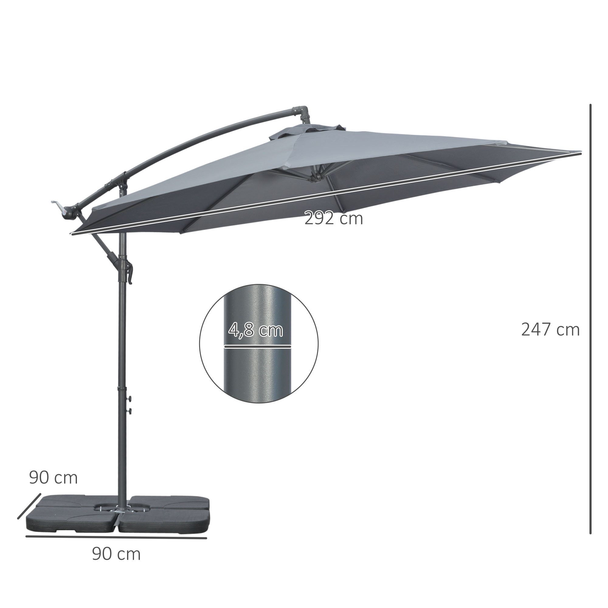 Outsunny Ampelscherm Parasol Tuinscherm, inclusief kruisvoet, weerbestendig, 292 cm x 292 cm x 247 cm, Grijs