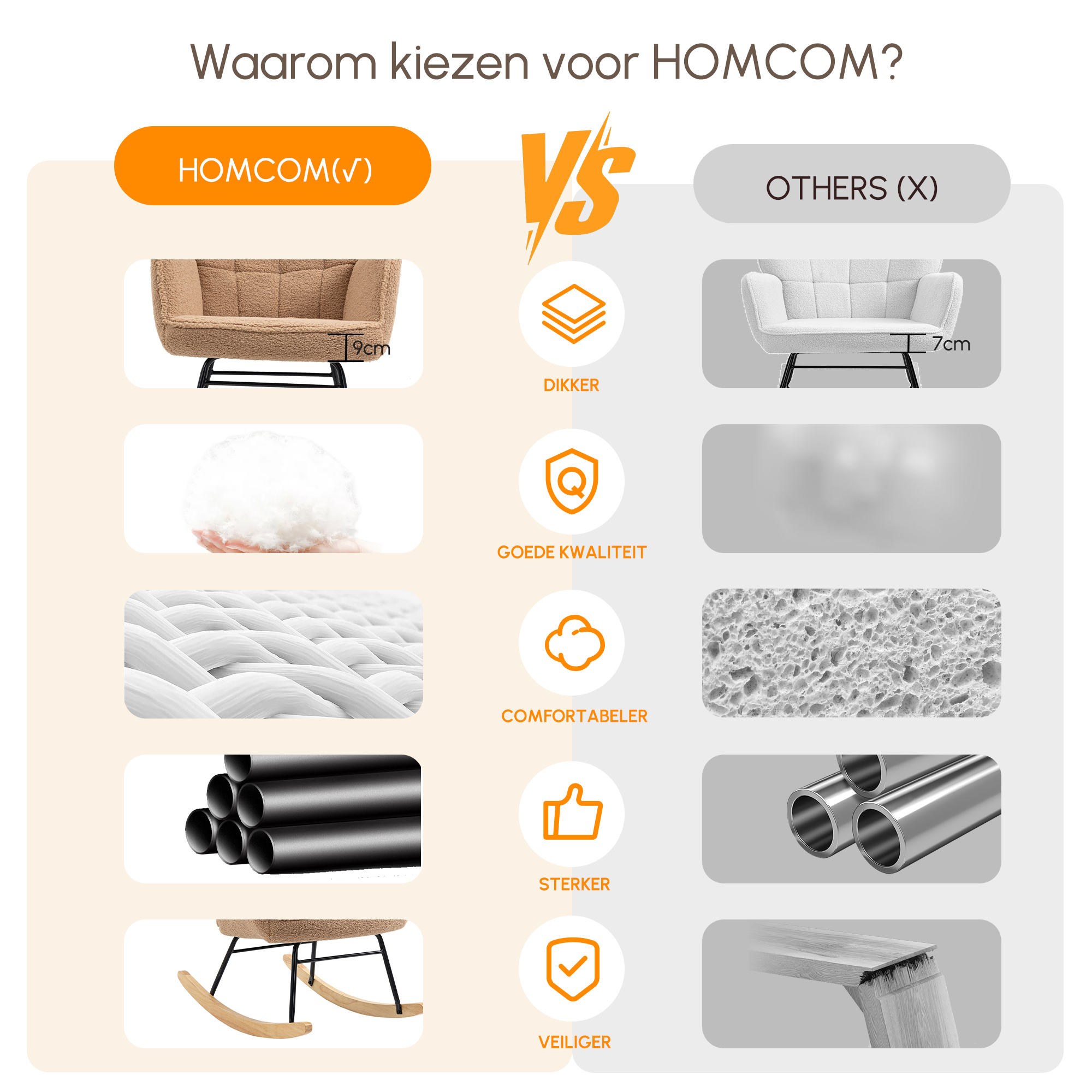 HOMCOM Schommelstoel in Retro-Design, Massief Hout, Stoel, Relaxstoel, 92 cm x 71 cm x 101 cm, Bruin