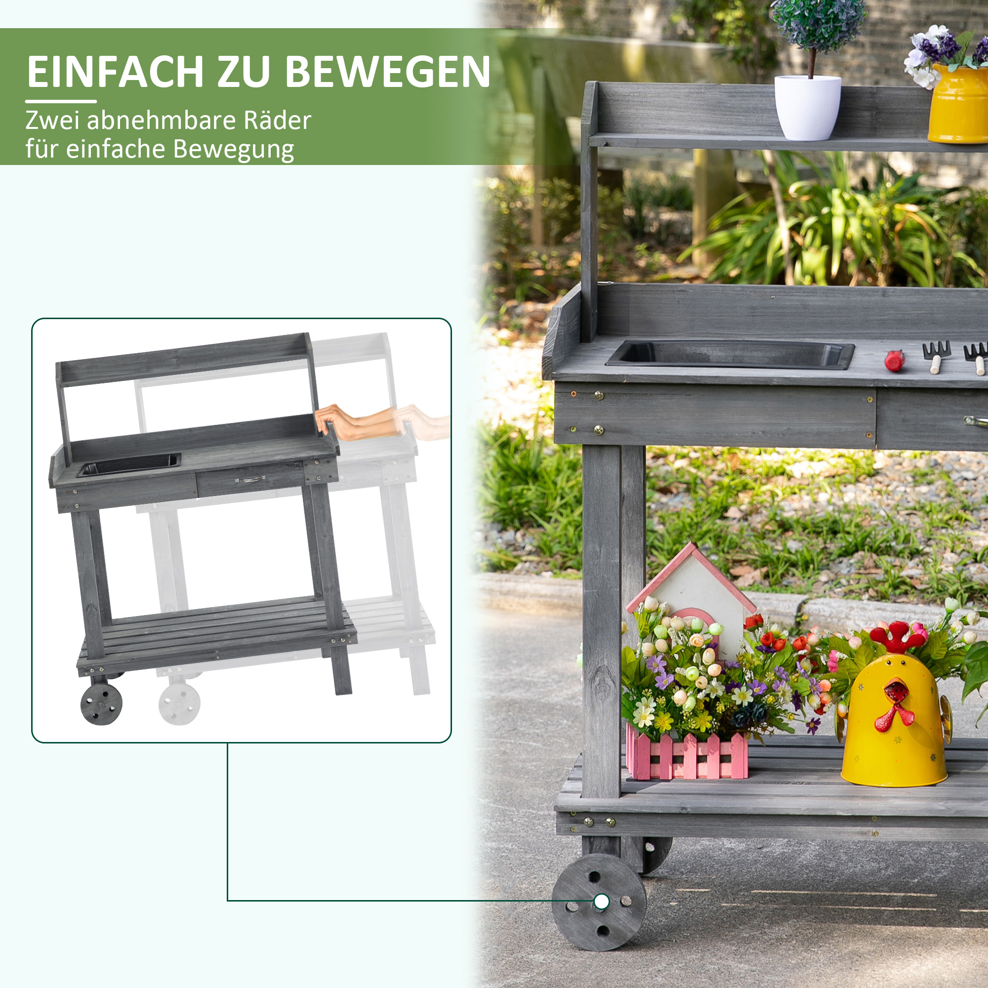 Outsunny plantentafel met schuiflade, 2 niveaus tuintafel met gootsteen en wielen, tuin, dennenhout grijs 92 x 45 x 119 cm