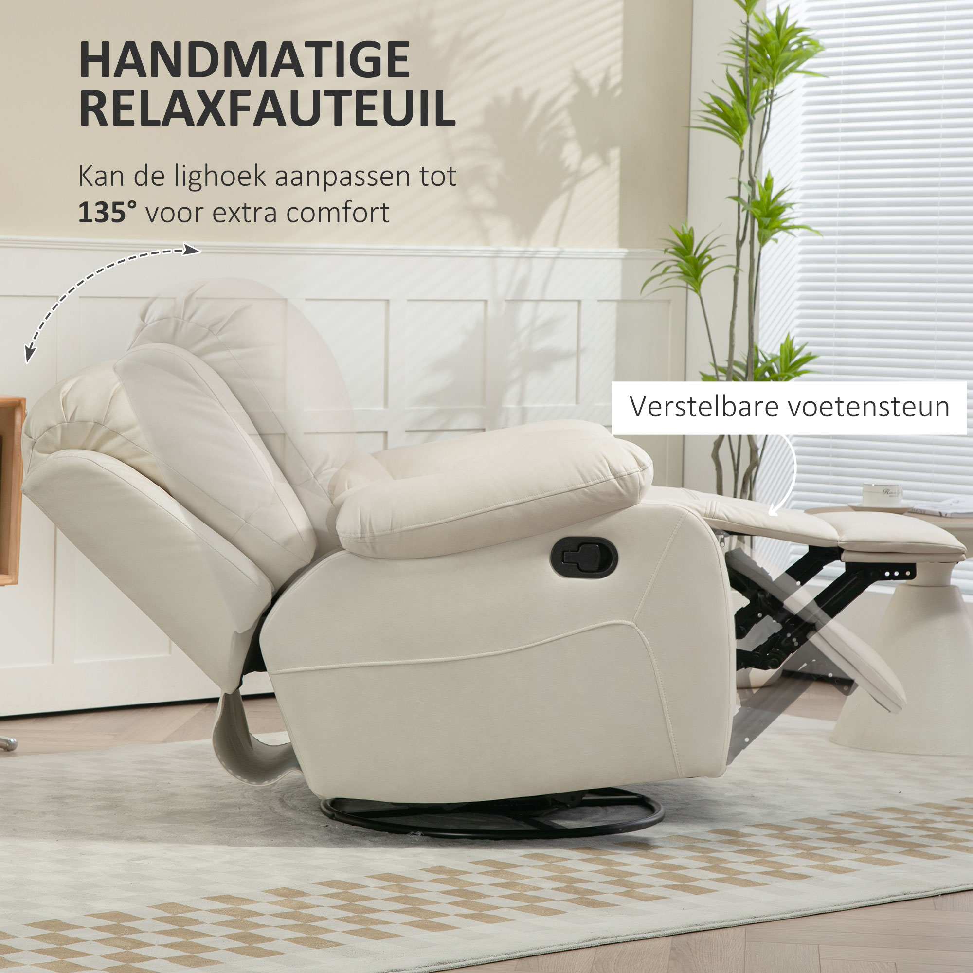 HOMCOM Relaxstoel, verstelbare leuning & voetsteun, draaibaar, tot 150 kg, stalen frame, 93x100x98cm, Crèmewit
