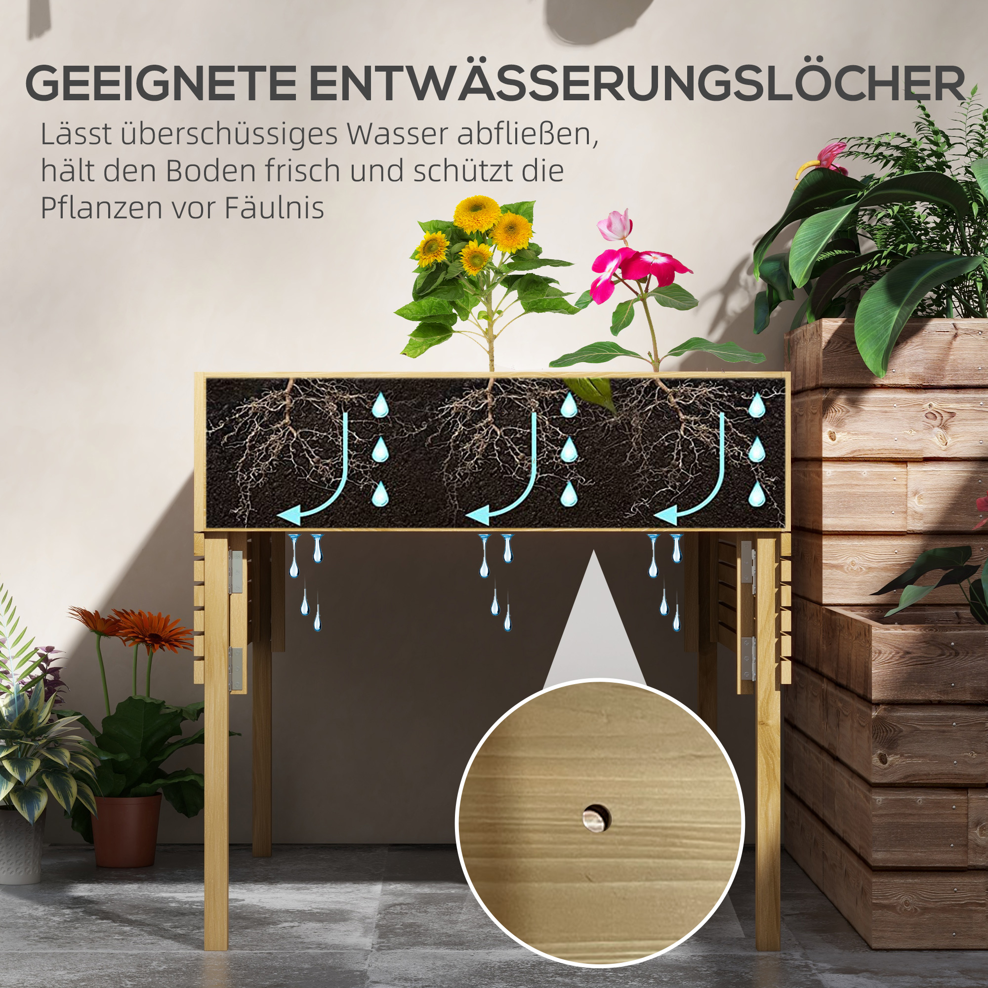 Outsunny Houten verhoogde plantenbak met 12 scheidingsroosters, inklapbare zijplanken, weerbestendig, sparrenhout, 122 x 91,5 x 89 cm