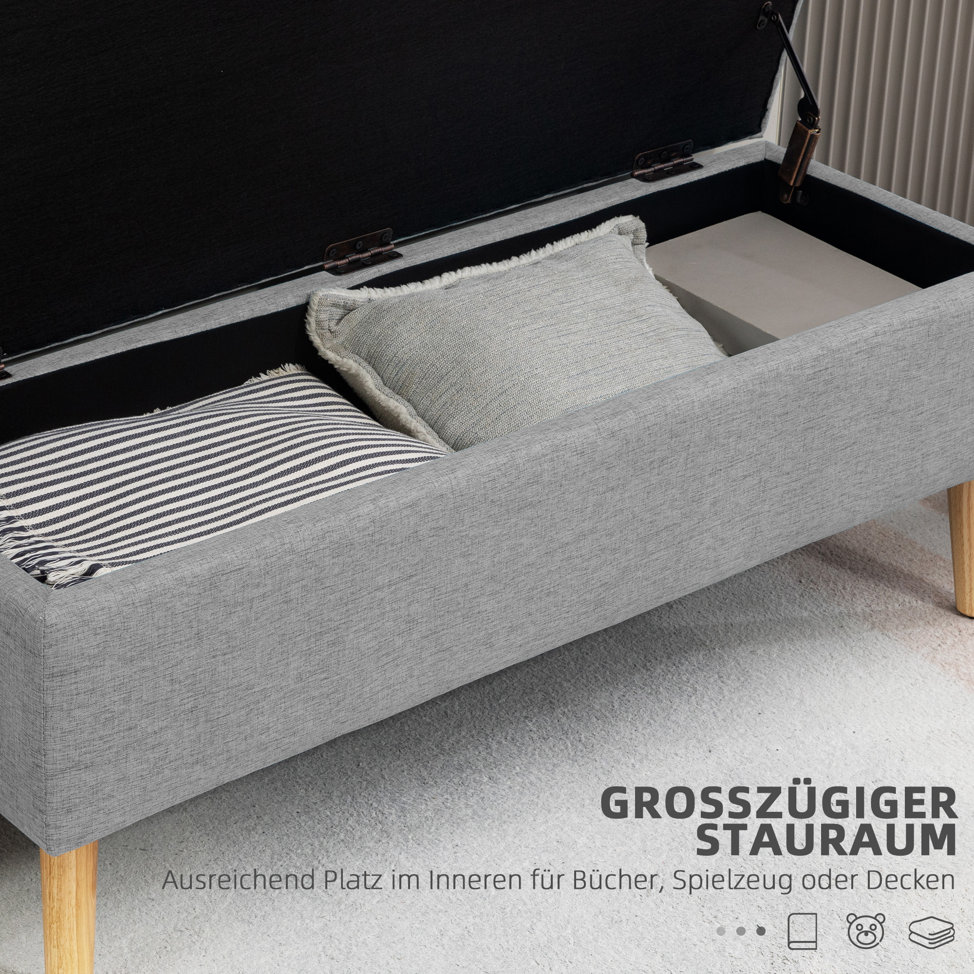 HOMCOM Gestoffeerde Bank met Opbergruimte, Linnenlook Bekleding, Rubberhout Poten, tot 220 kg, 110x39x45cm, Grijs